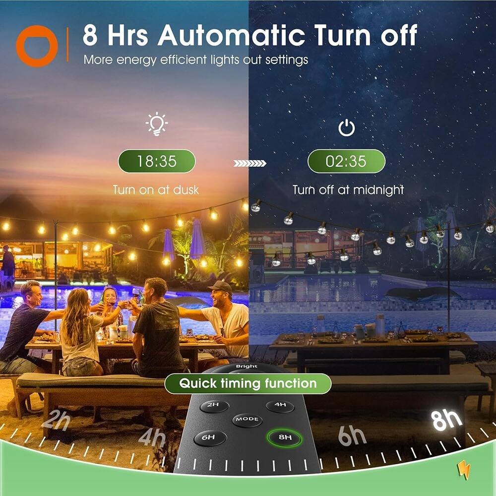 8 Hrs Automatic Turn off  
More energy efficient lights out settings  

18:35  
Turn on at dusk  

02:35  
Turn off at midnight  

Quick timing function  
2h 4h 6h 8h  
Bright  
MODE  
4h 6h 8h