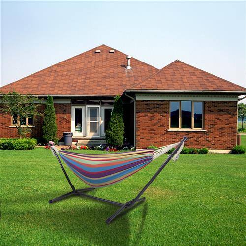 Alt View 3. Winado - 9FT Heavy Duty Hammock Set 2-Person Double with Stand, Portable Carrying Bag for Indoor Outdoor Patio Deck Yard Beach - Rainbow Stripes.
