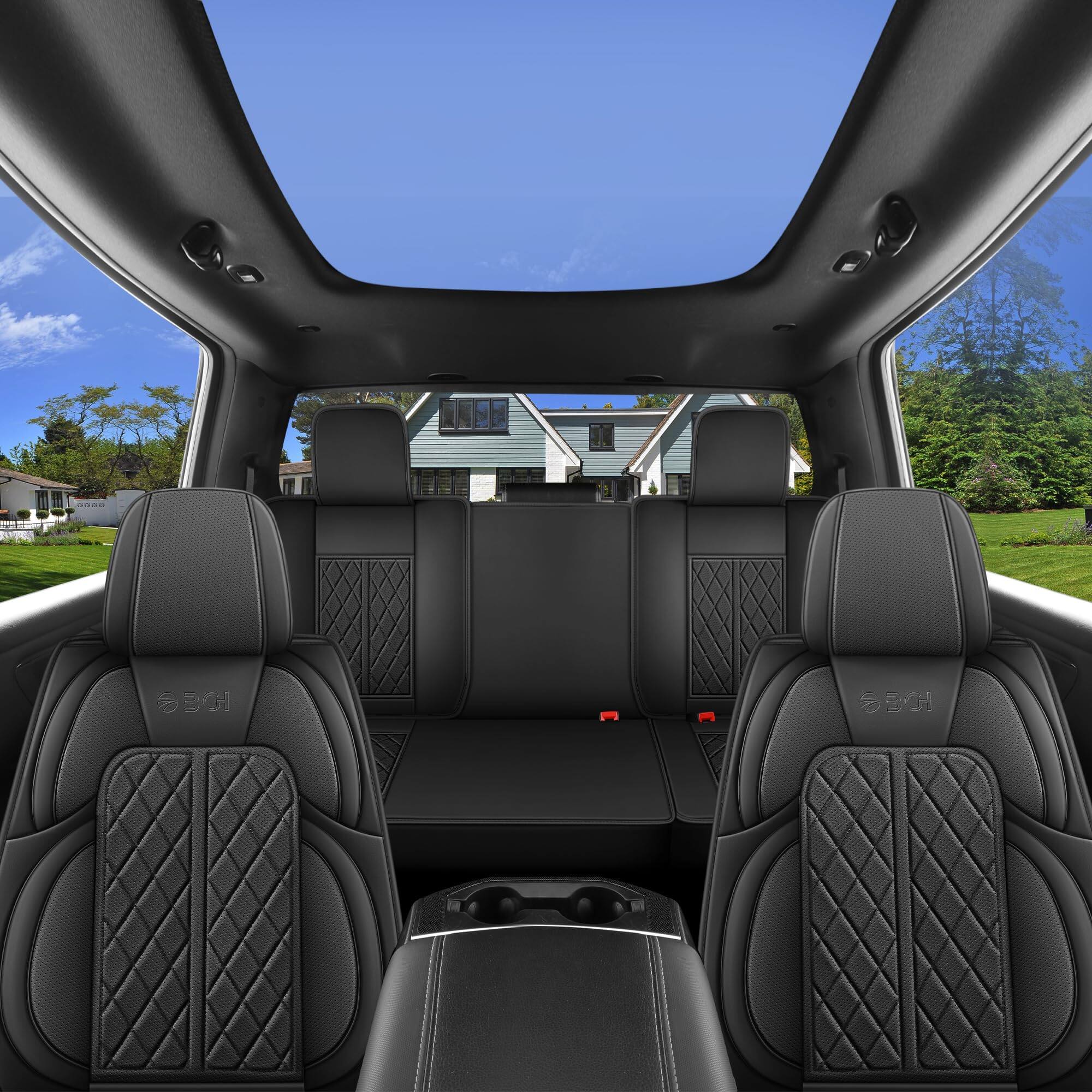 Alt View 4. COTTAGE - Car Seat Covers Full Set Cloth Universal Fit Automotive Low Front Airbag Compatible Split Bench Rear - Black & Grey Front Seat.