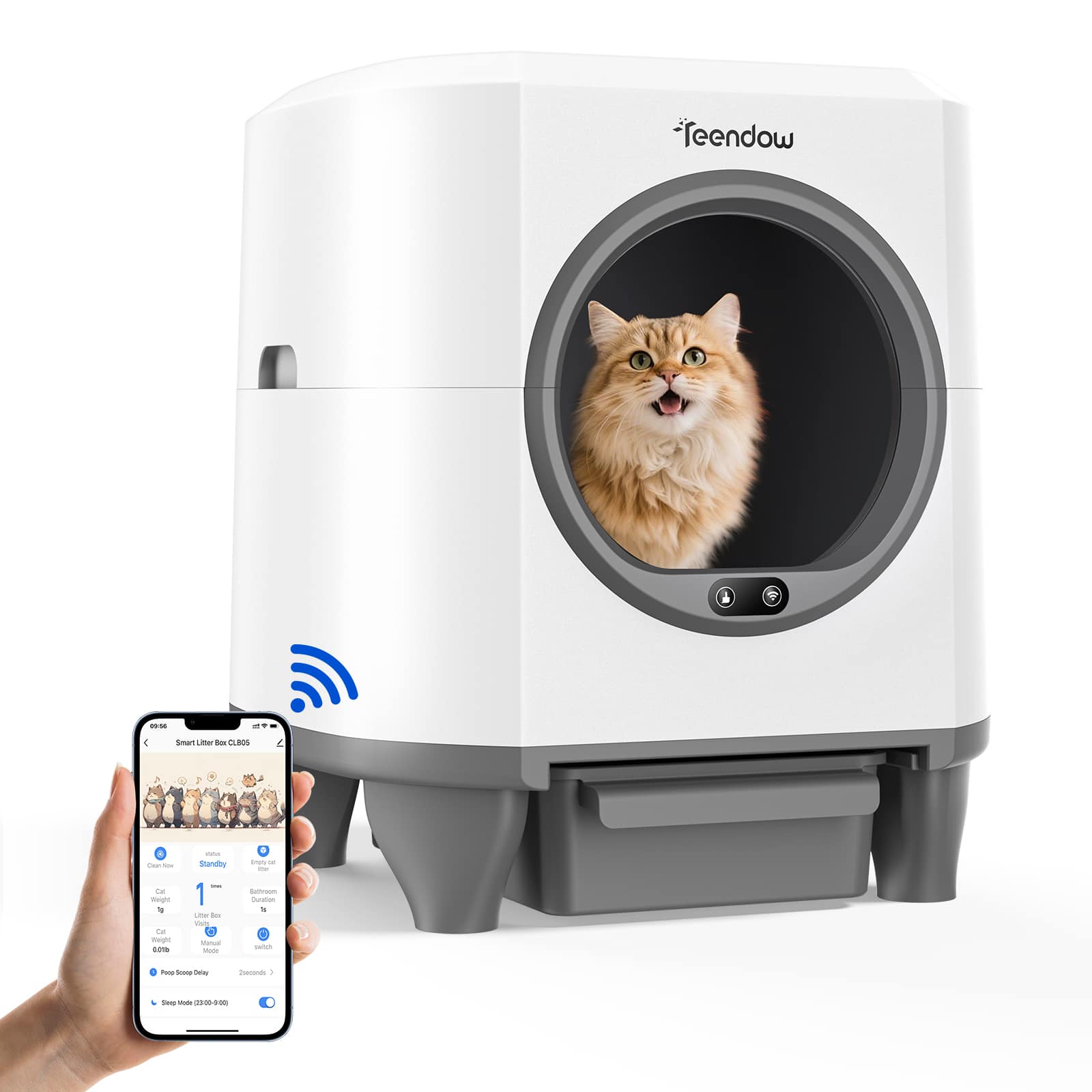 Teendow - Automatic Self-Cleaning Cat Litter Box with 80L Capacity, Odor Control, APP Smart Control, Washable Design - White