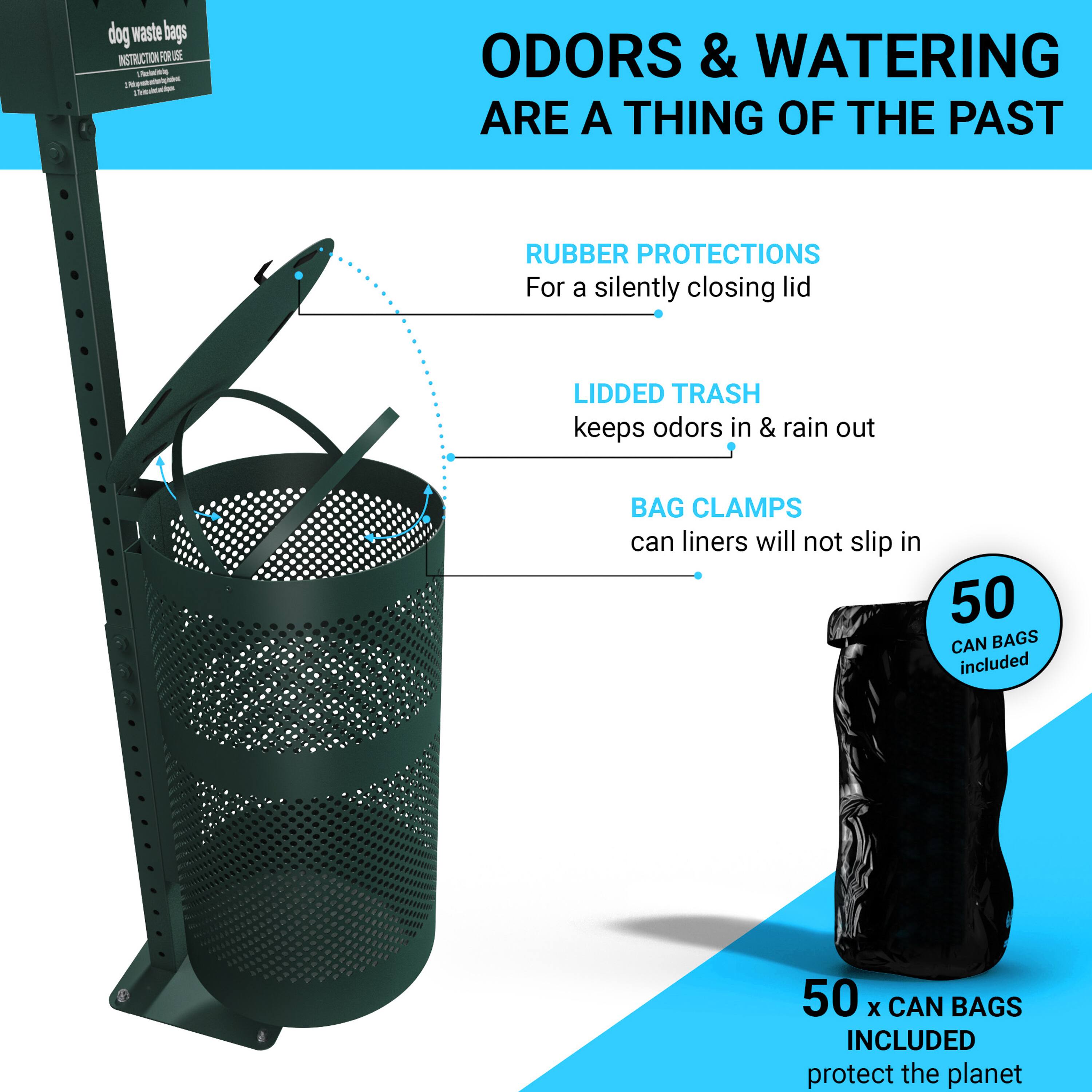 dog waste bags ISTR COO FR - nothing_to ODORS & WATERING ARE A THING OF THE PAST RUBBER PROTECTIONS For a silently closing lid LIDDED TRASH keeps odors in & rain out BAG CLAMPS can liners will not slip in 50 CAN BAGS included 50 x CAN BAGS INCLUDED protect the planet