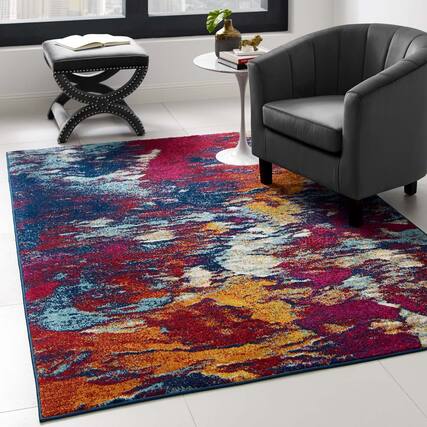 Front. Modway - Entourage Foliage Contemporary Modern Abstract Area Rug - Blue Orange Yellow Red.