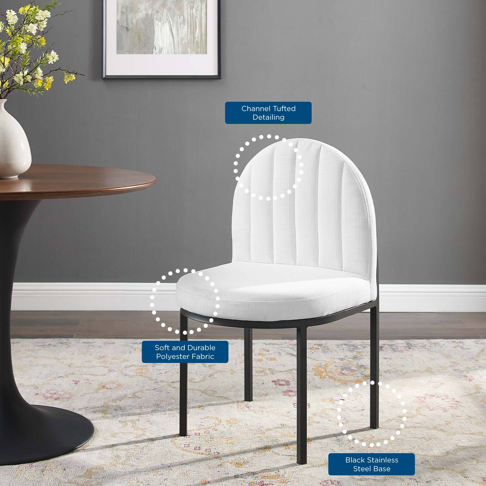 - Channel Tufted Detailing
- Soft and Durable Polyester Fabric
- Black Stainless Steel Base