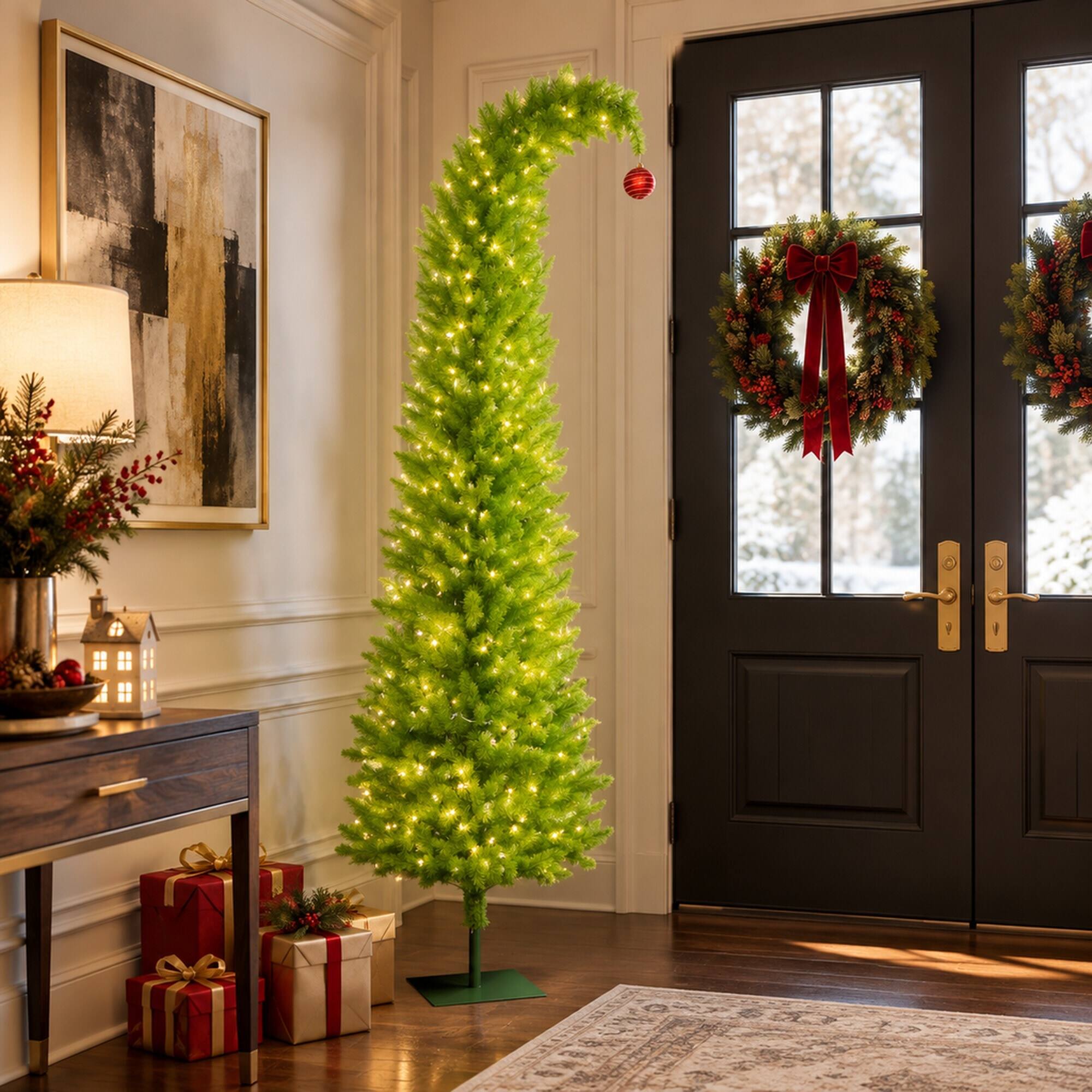 Alt View 2. RYHNUYNE - 6FT Pre-Lit Whimsical Pencil Christmas Tree With 230 LED Lights and Red Balls, Metal Base - Green.