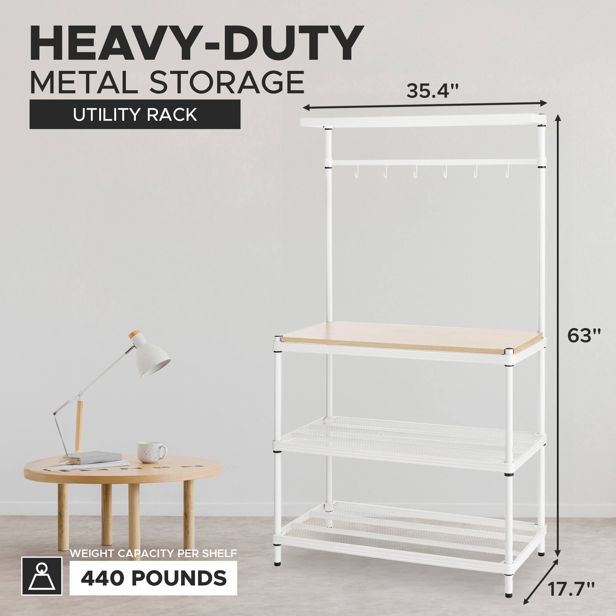 HEAVY-DUTY METAL STORAGE  
UTILITY RACK  

35.4"  
63"  
17.7"  

WEIGHT CAPACITY PER SHELF  
440 POUNDS