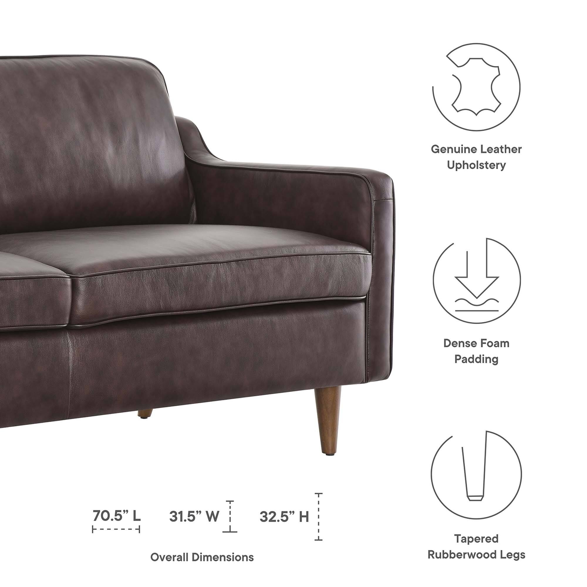 Genuine Leather Upholstery  
Dense Foam Padding  
Tapered Rubberwood Legs  

Overall Dimensions:  
70.5" L x 31.5" W x 32.5" H
