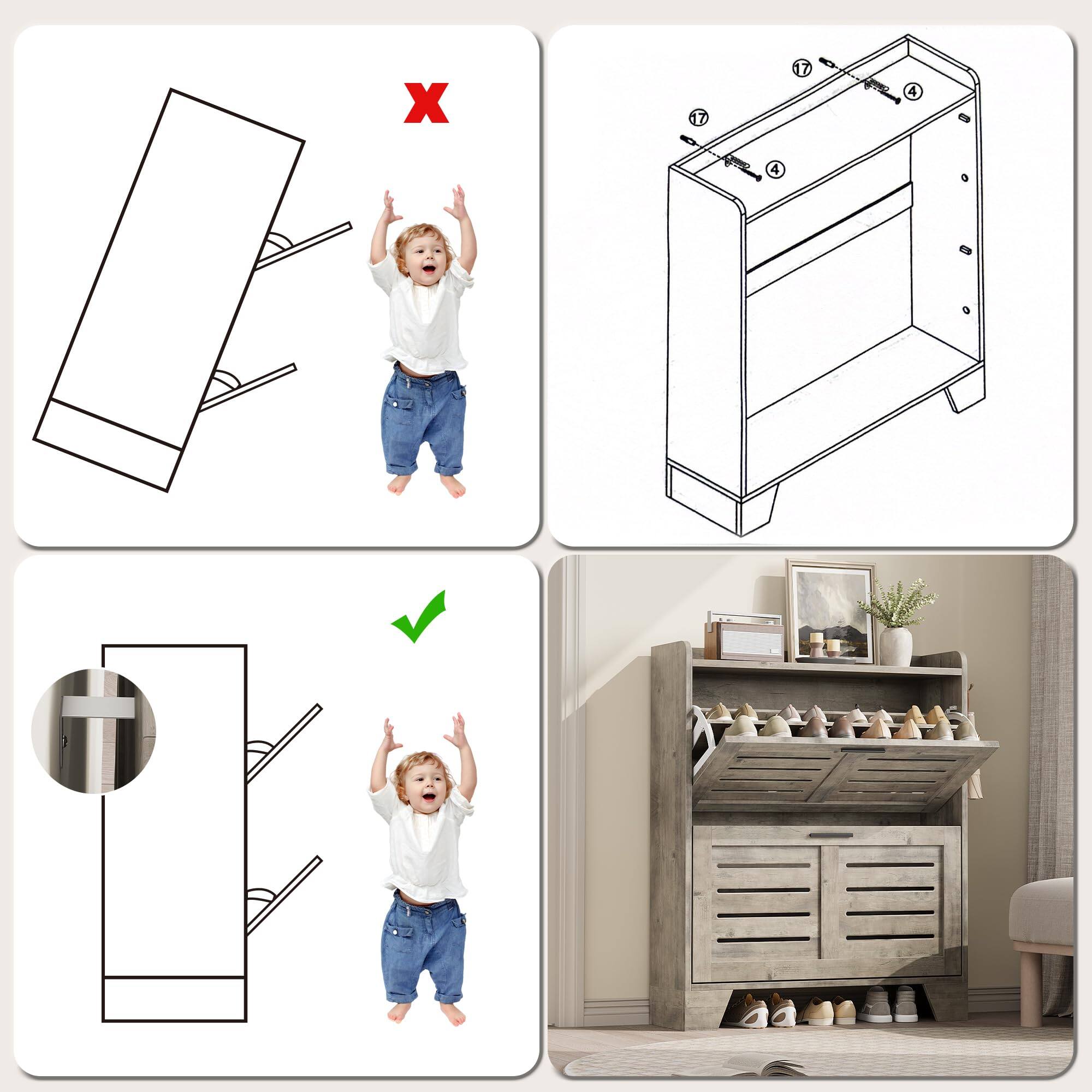 Alt View 4. Babevy - Narrow Shoe Cabinet with 2 Flip Drawers & Hooks, Slim Hidden Shoe Storage Organizer for Entryway or Hallway - Gray.