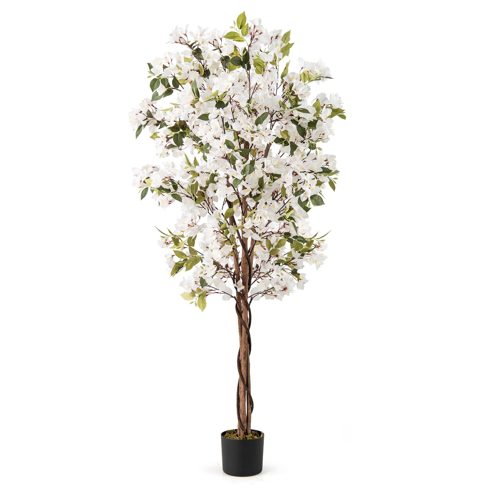 Gymax - 6 FT Artificial Bougainvillea Tree w/910 Flowers 105 Leaves Real Wood Trunk - White