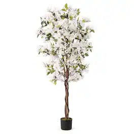 Gymax - 6 FT Artificial Bougainvillea Tree w/910 Flowers 105 Leaves Real Wood Trunk - White