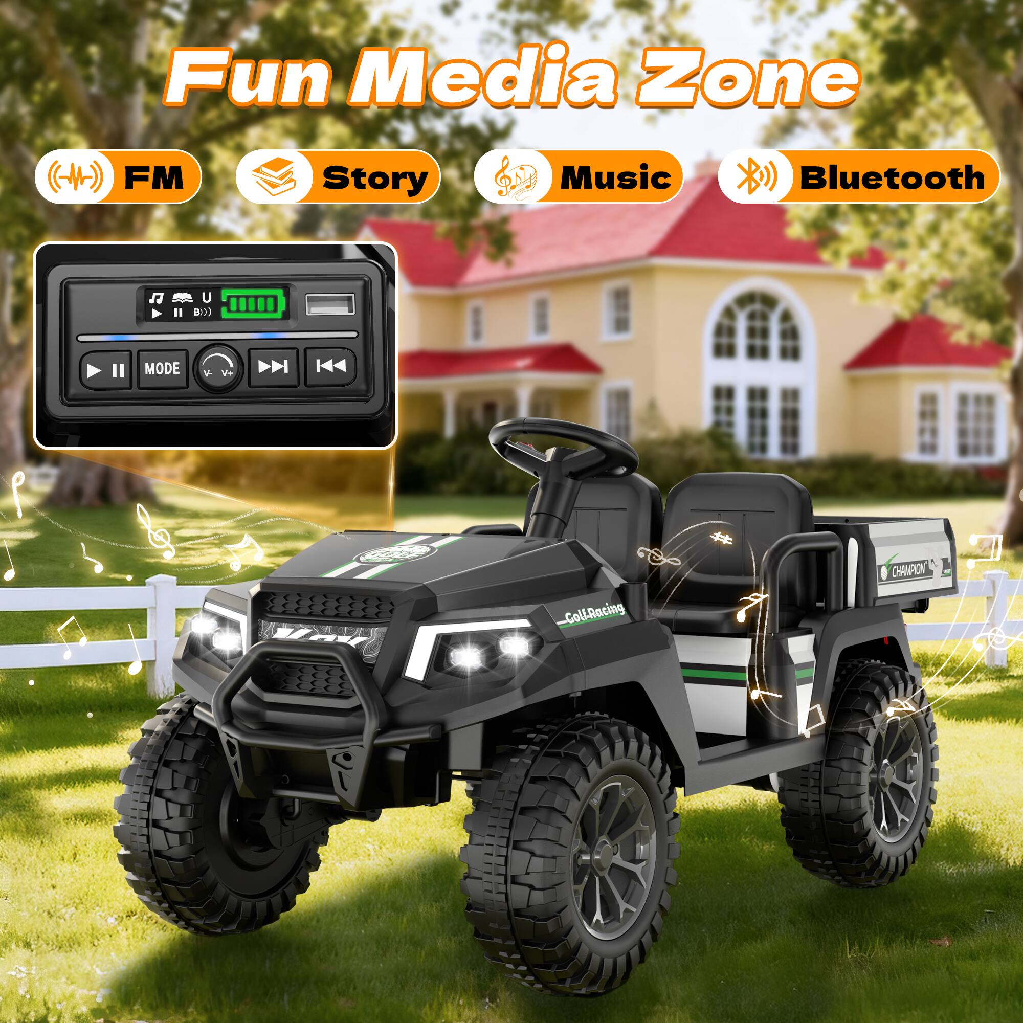 Fun Media Zone  
FM  
Story  
Music  
Bluetooth  

U B1))  
II  
MODE  
V-  
V+  

CollRacing  
CHAMPION