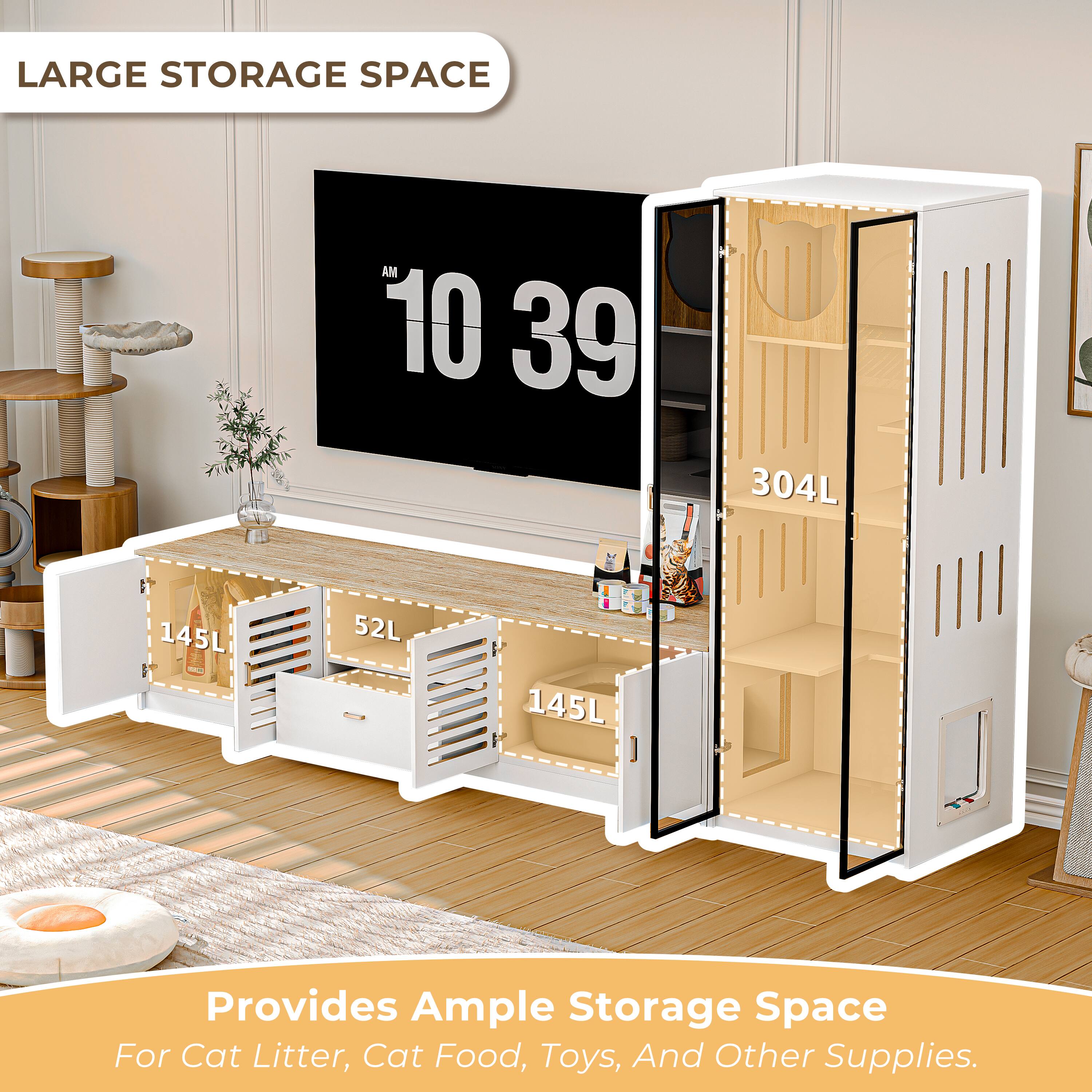 LARGE STORAGE SPACE

Provides Ample Storage Space For Cat Litter, Cat Food, Toys, And Other Supplies.