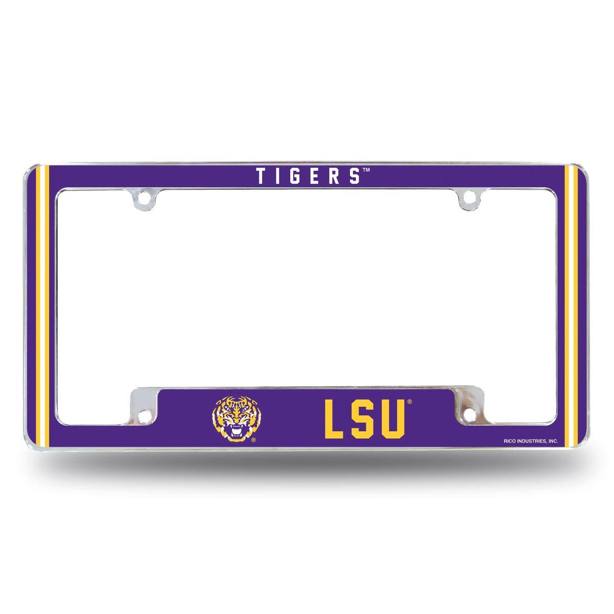 LSU Tigers Chrome Metal License Plate Frame with Full Frame Team Color Graphics