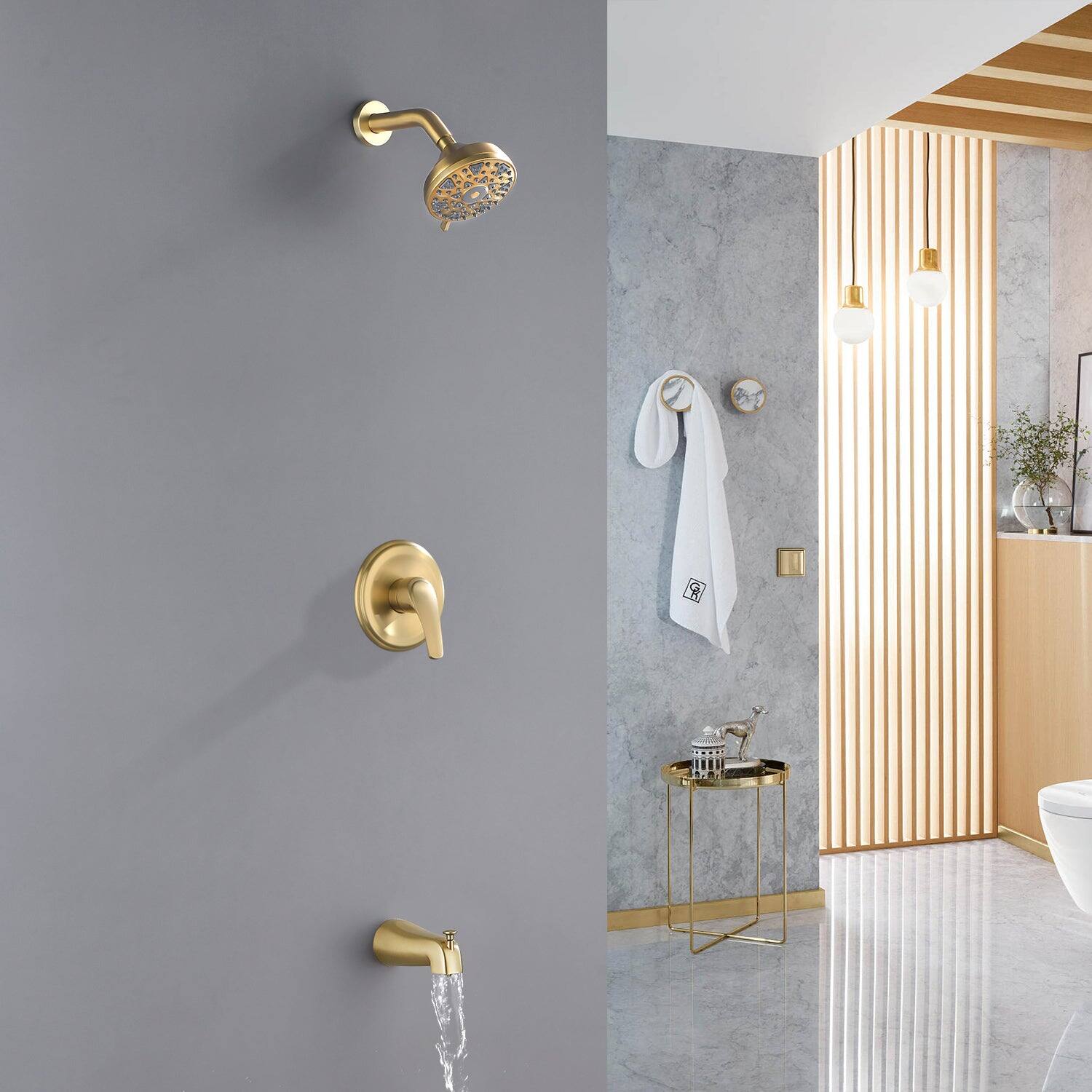 Alt View 4. Boyel Living - Brushed Gold Shower Set with cUPC Pressure Balance Valve 6 Function ABS Shower Head and High Flow Tub Spout - Brushed Gold.