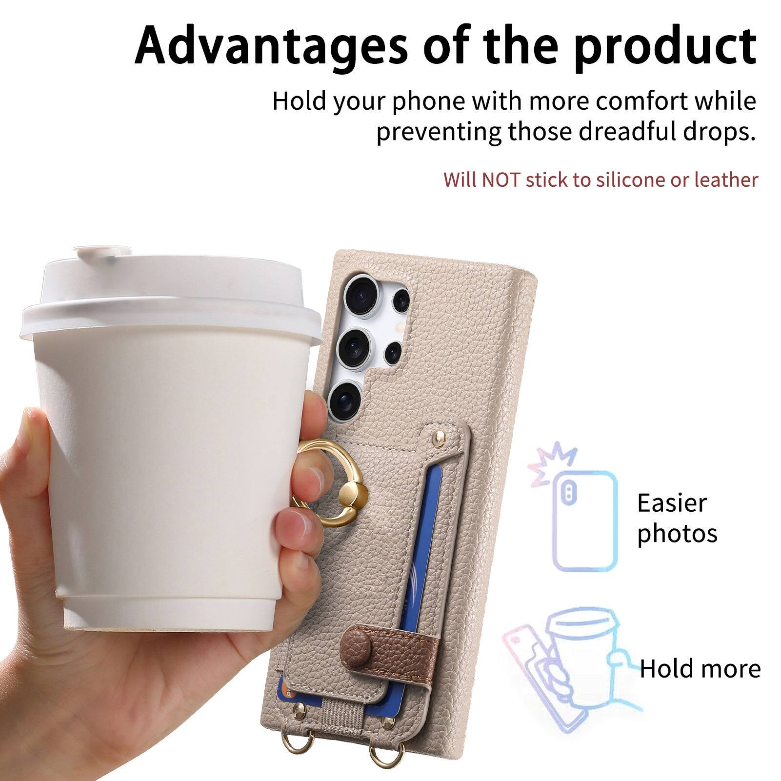 Advantages of the product

- Hold your phone with more comfort while preventing those dreadful drops.
- Will NOT stick to silicone or leather
- Easier photos
- Hold more