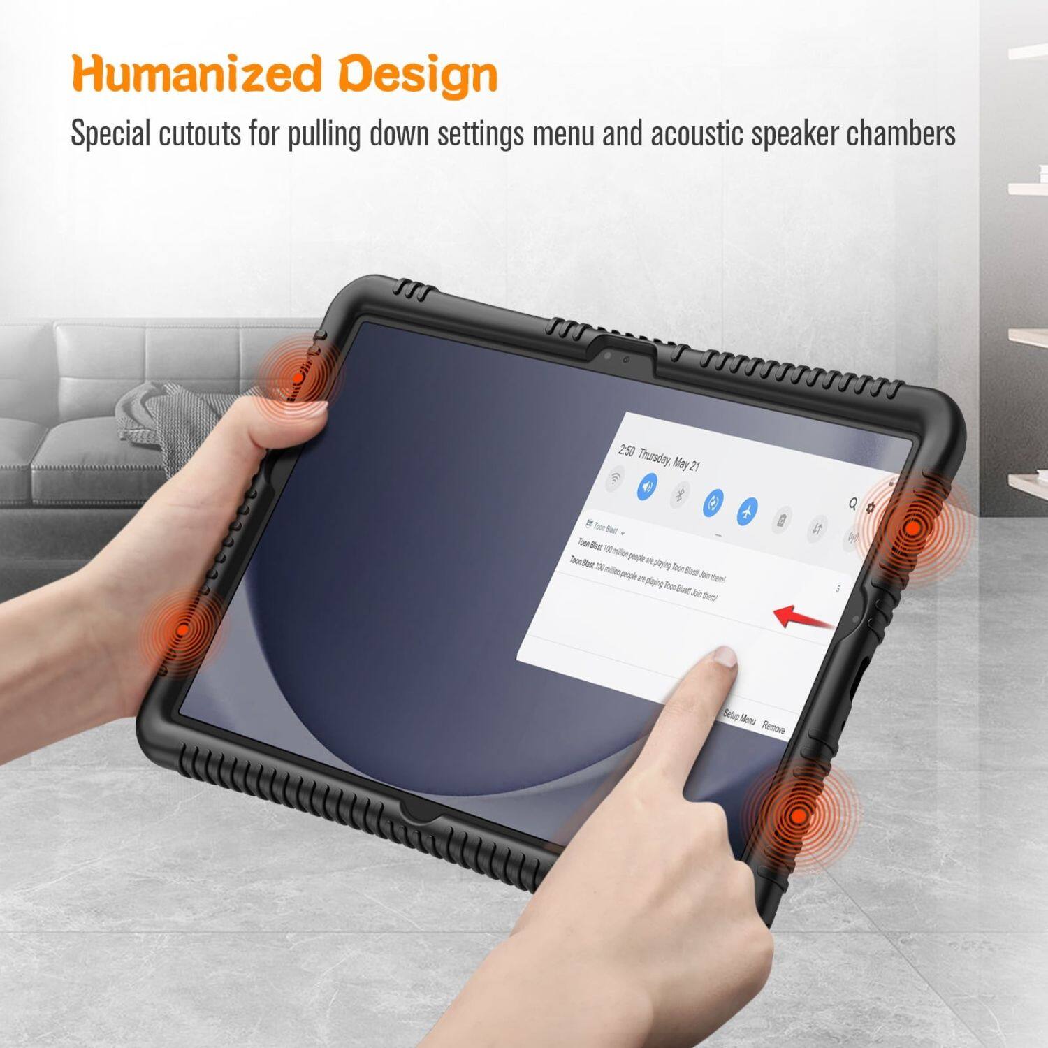 Humanized Design  
Special cutouts for pulling down settings menu and acoustic speaker chambers  

2:50 Thursday, May 21  

Do not Boot 100 people are playing from Boot_Art, but  
Do not Boot 100 people are playing from Boot_Art, but  

Set as Menu  
Remove