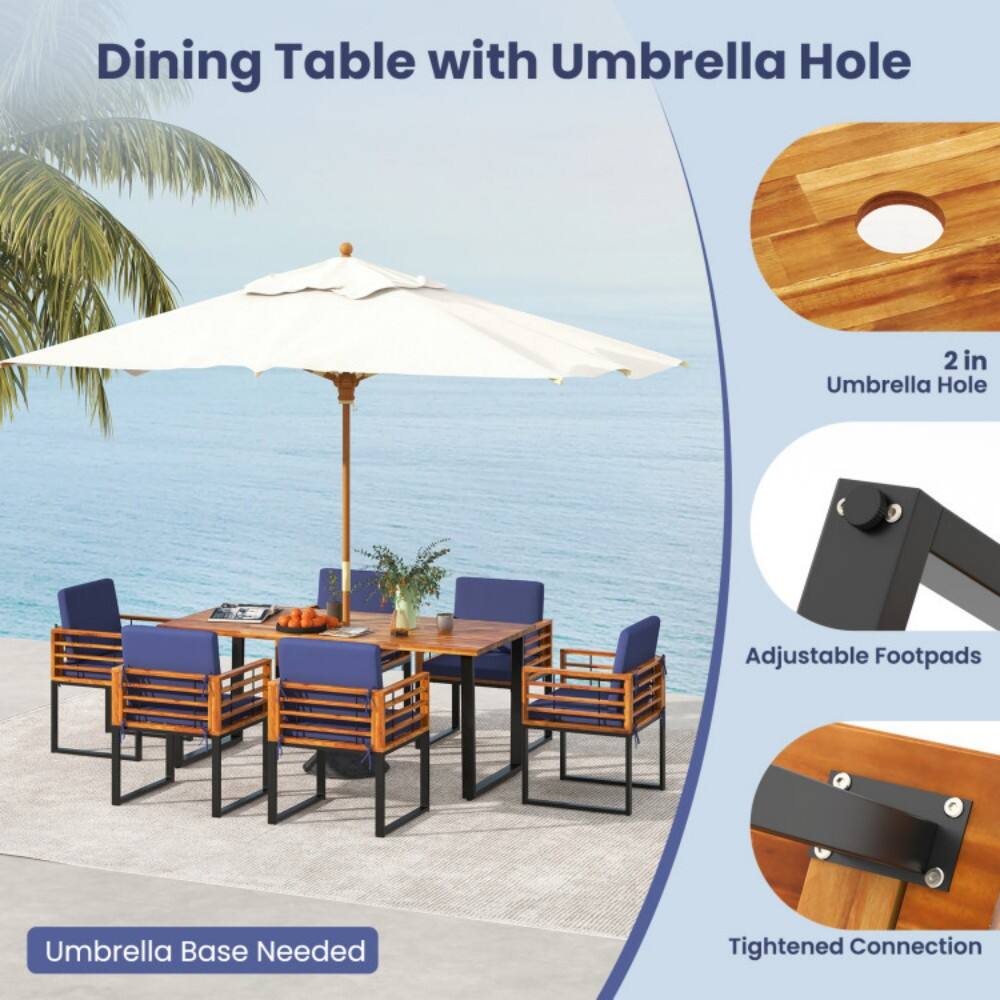 Dining Table with Umbrella Hole

- 2 in Umbrella Hole
- Adjustable Footpads
- Umbrella Base Needed
- Tightened Connection