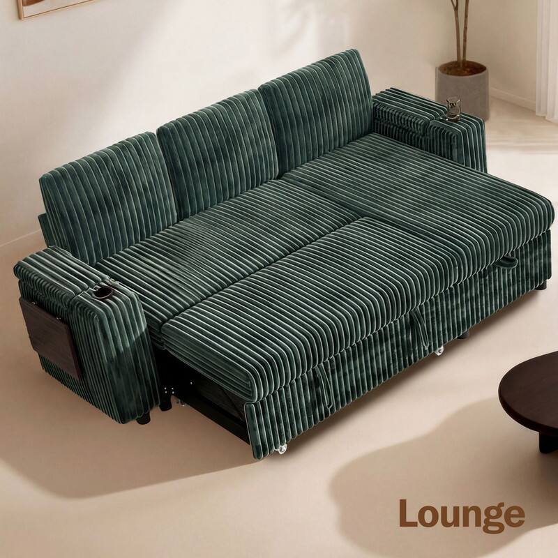 Back. Dyonery - 85" Modular Sectional Sofa with Pull Out Bed,Corduroy Fabric 3 Seat Sectional Sofa with Storage,for Living Room - Green.