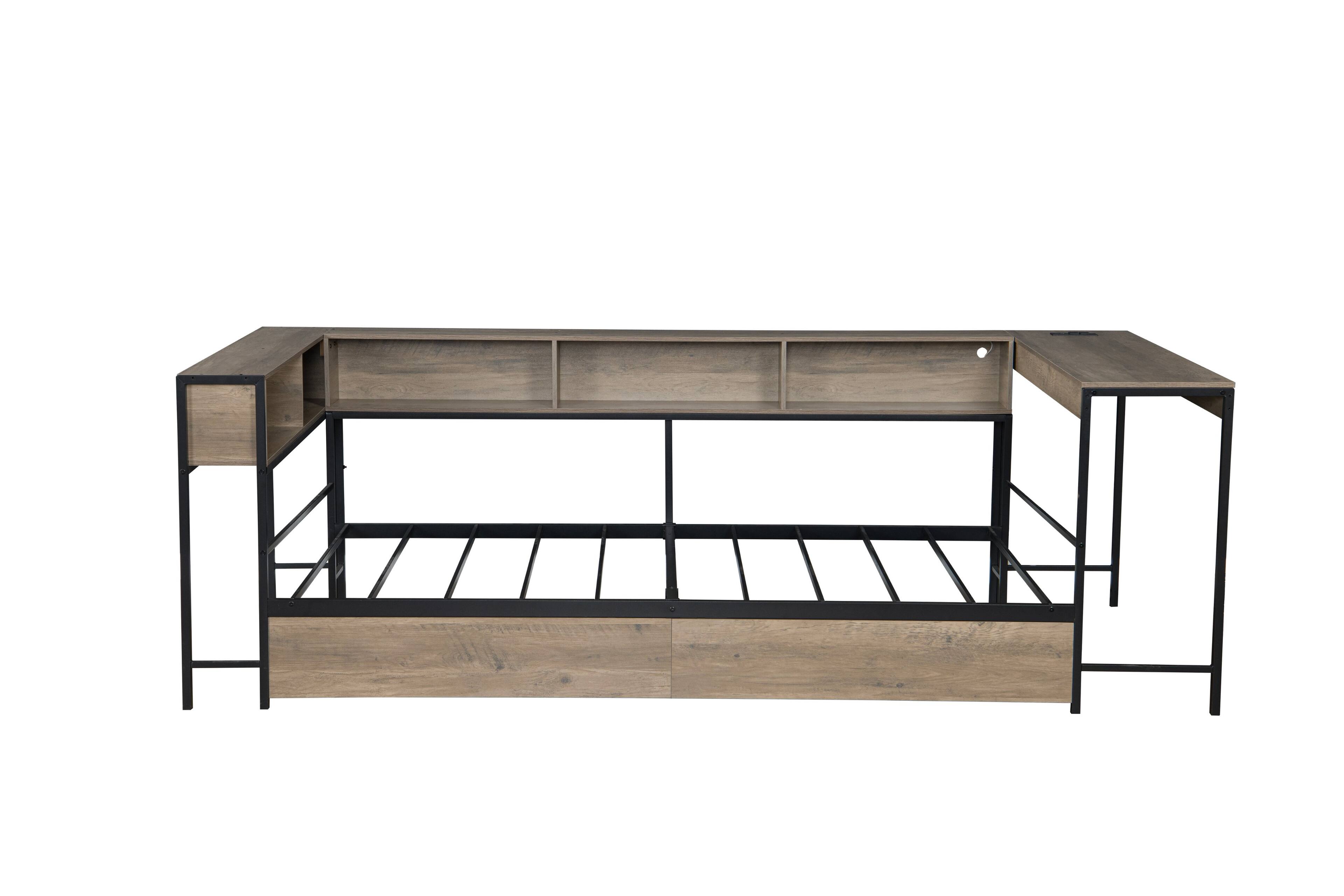 Alt View 1. LUCKY ONE - Twin Size Corner Bed Frame with Bookcase and 2 Underbed Storage Drawers - Grey.