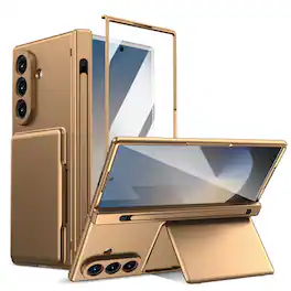 Dteck - Case for Samsung Galaxy Z Fold7 with Hinge Protection,Rugged Card Holder Cover,Bulit in Screen Protector+Stylus Slot+Pen - Gold