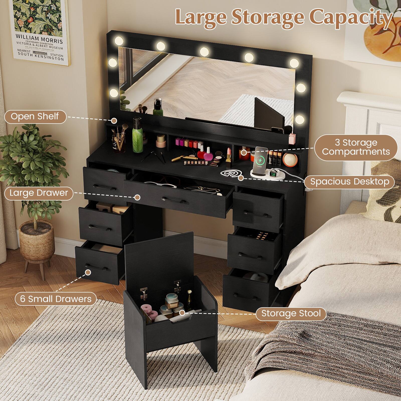 WILLIAM MORRIS VICTORIA & ALBERT MUSEUM NEARBY SOUTH KENSINGTON

Large Storage Capacity
- Open Shelf
- Large Drawer
- 3 Storage Compartments
- Spacious Desktop
- 6 Small Drawers
- Storage Stool