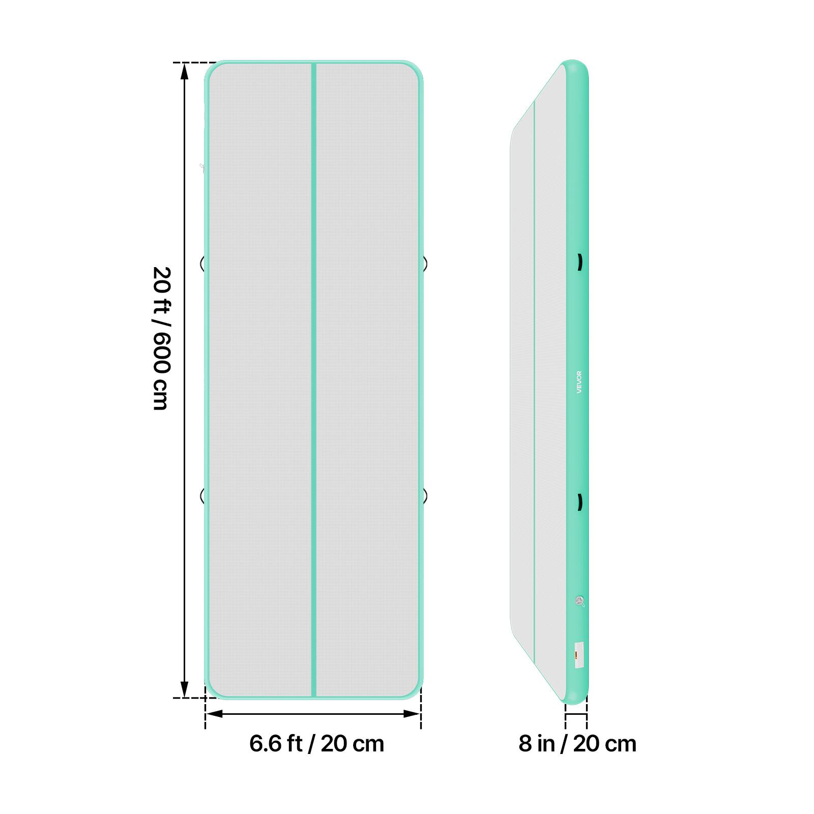 20 ft / 600 cm  
6.6 ft / 20 cm  
8 in / 20 cm