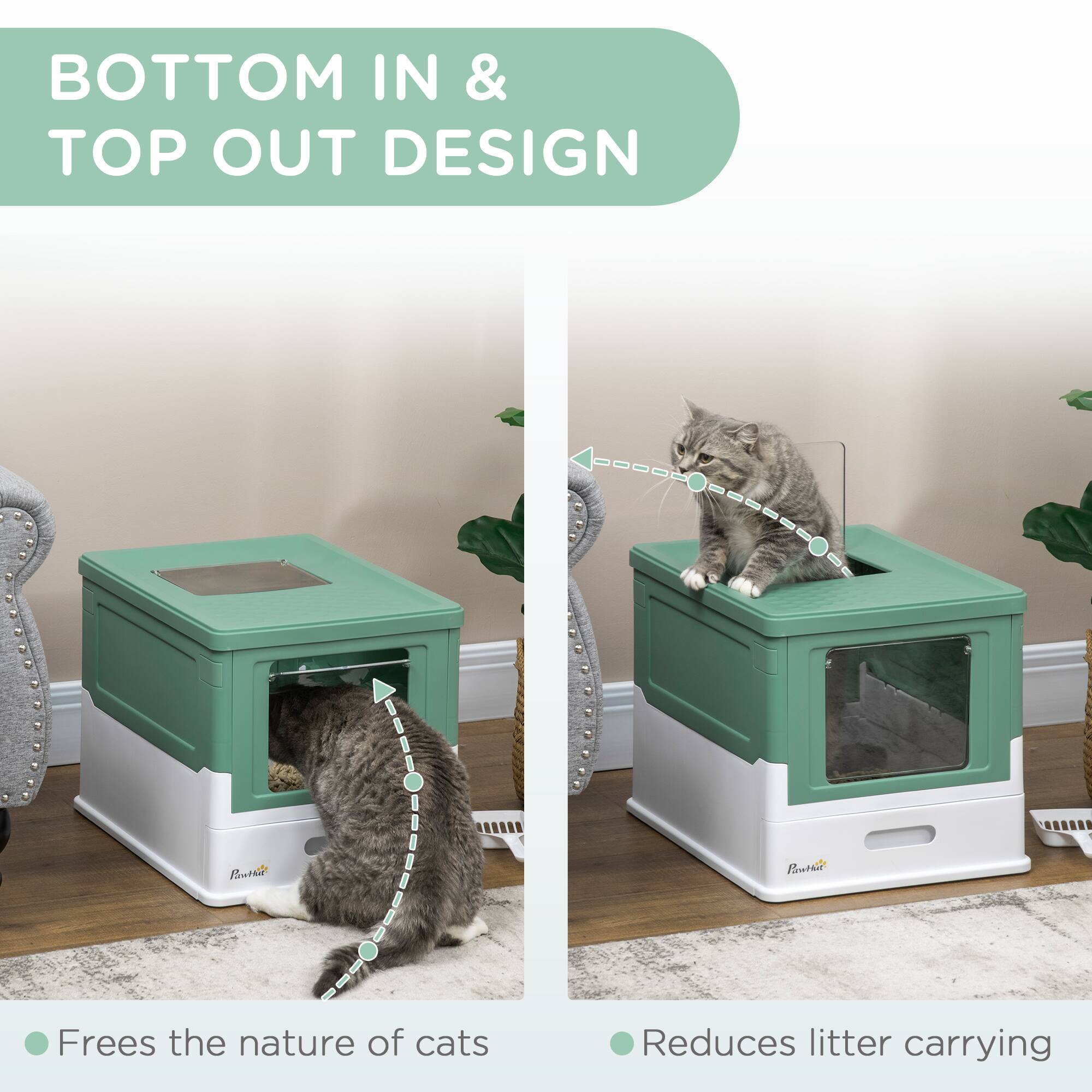 BOTTOM IN & TOP OUT DESIGN

- Frees the nature of cats
- Reduces litter carrying