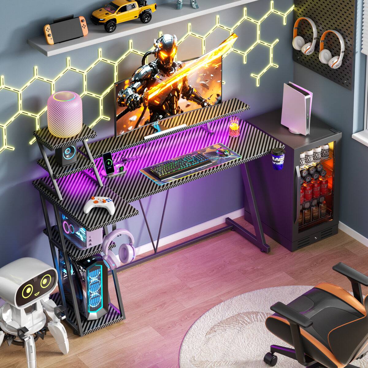 Alt View 1. Furnulem - 47 In Gaming Desk with Monitor  CPU StandHome Office Desk with Power OutletRGB LED LightsCup Holder  Headphone Hook - Black.