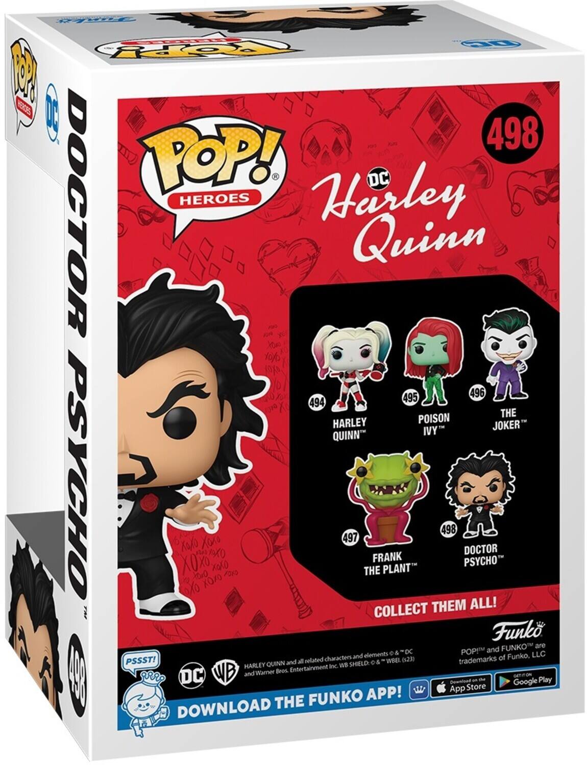 POP! HEROES, DC, Harley Quinn, 498, 495, 496, 494, 497, 498, Collect Them All!, Funko, LLC, PSSST!, DOWNLOAD THE FUNKO APP!, GET IT ON, App Store, Google Play, DC, WB, Warner Bros., Entertainment Inc., POP!, FUNKO, characters, elements, trademarks, SHIELD, WBEL, (s23)