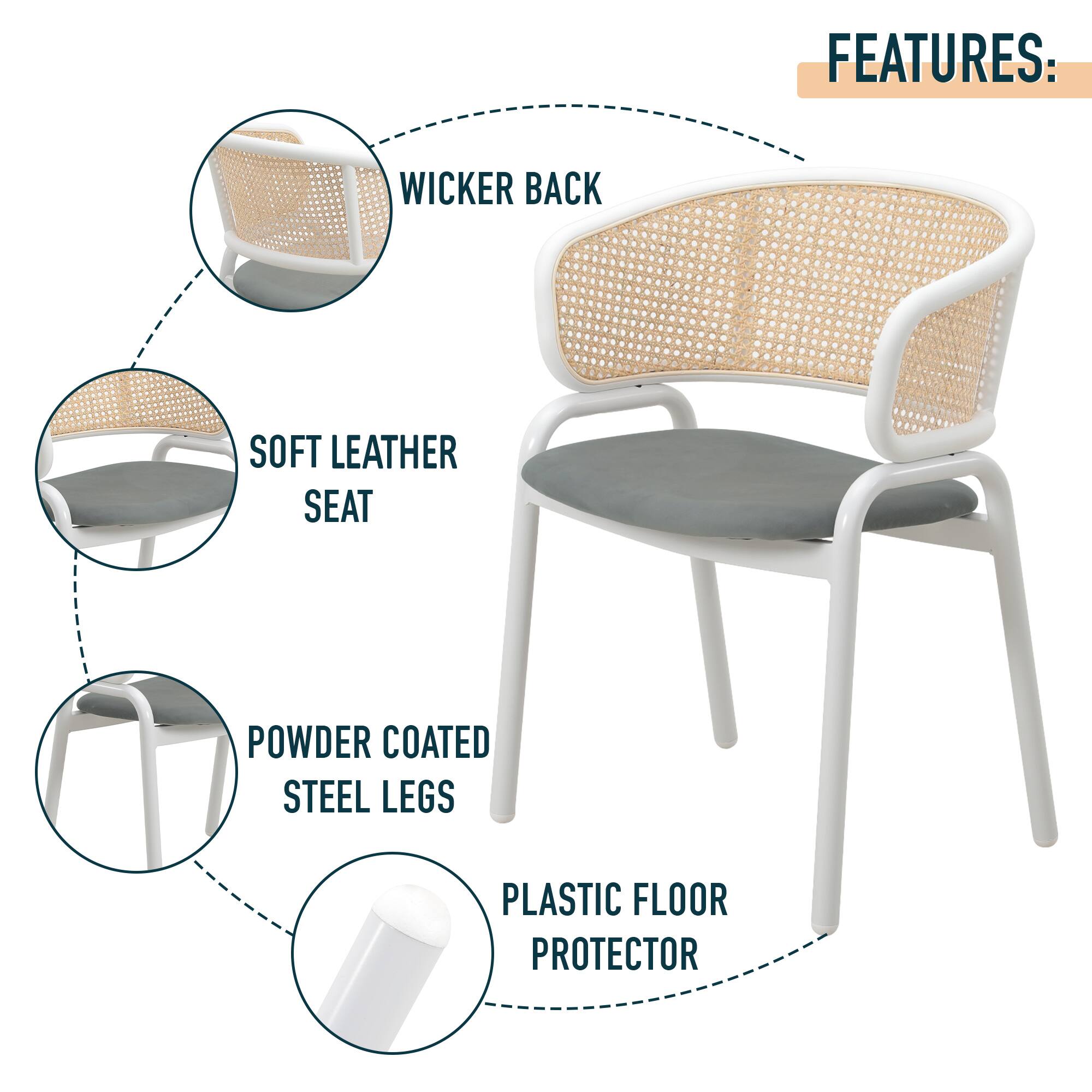 FEATURES:  
- WICKER BACK  
- SOFT LEATHER SEAT  
- POWDER COATED STEEL LEGS  
- PLASTIC FLOOR PROTECTOR