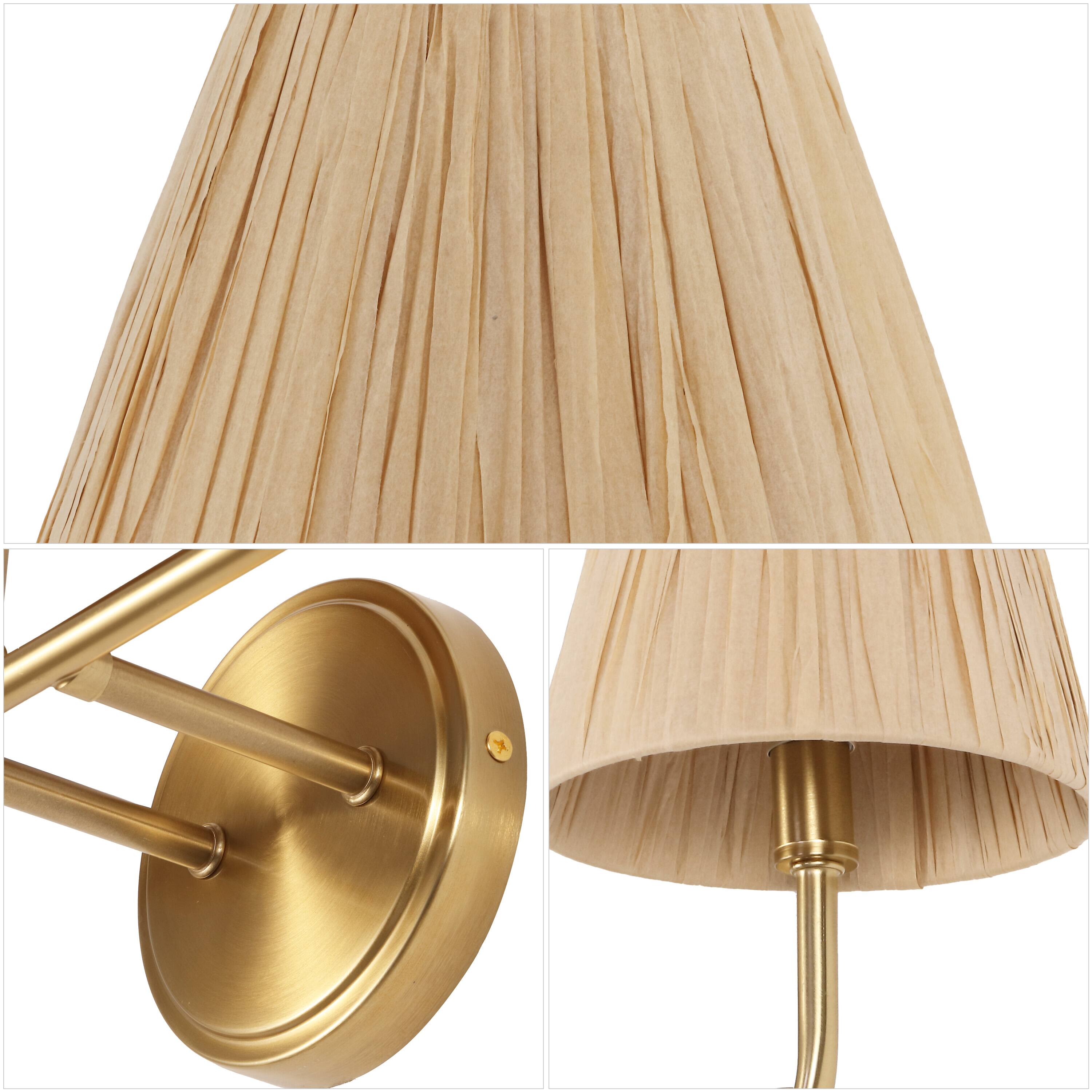 Alt View 4. Jonathan Y - Malaya 22.75" 3-Light Bohemian Coastal Metal Pleated Paper Shade LED Vanity Light, Beige/Brass Gold - Brass Gold/Beige.