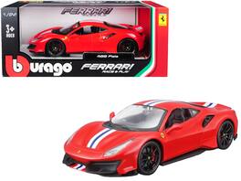 Ferrari 488 Pista Red with White and Blue Stripes 1/24 Diecast Model Car by Bburago - Red, White And Blue