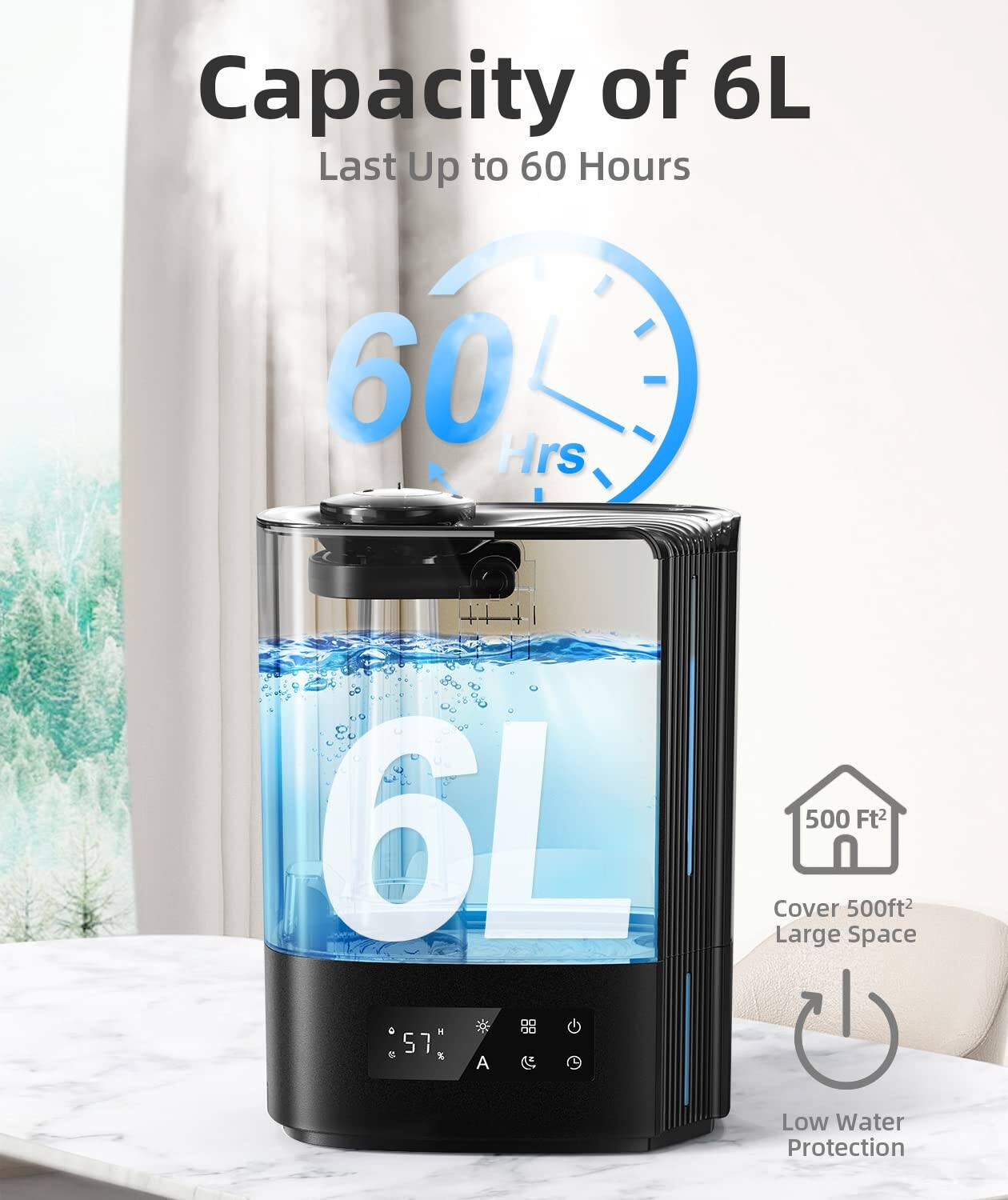 Capacity of 6L  
Last Up to 60 Hours  

60 Hrs  

6L  

500 Ft²  
Cover 500ft²  
Large Space  

Low Water Protection  

57%  
A