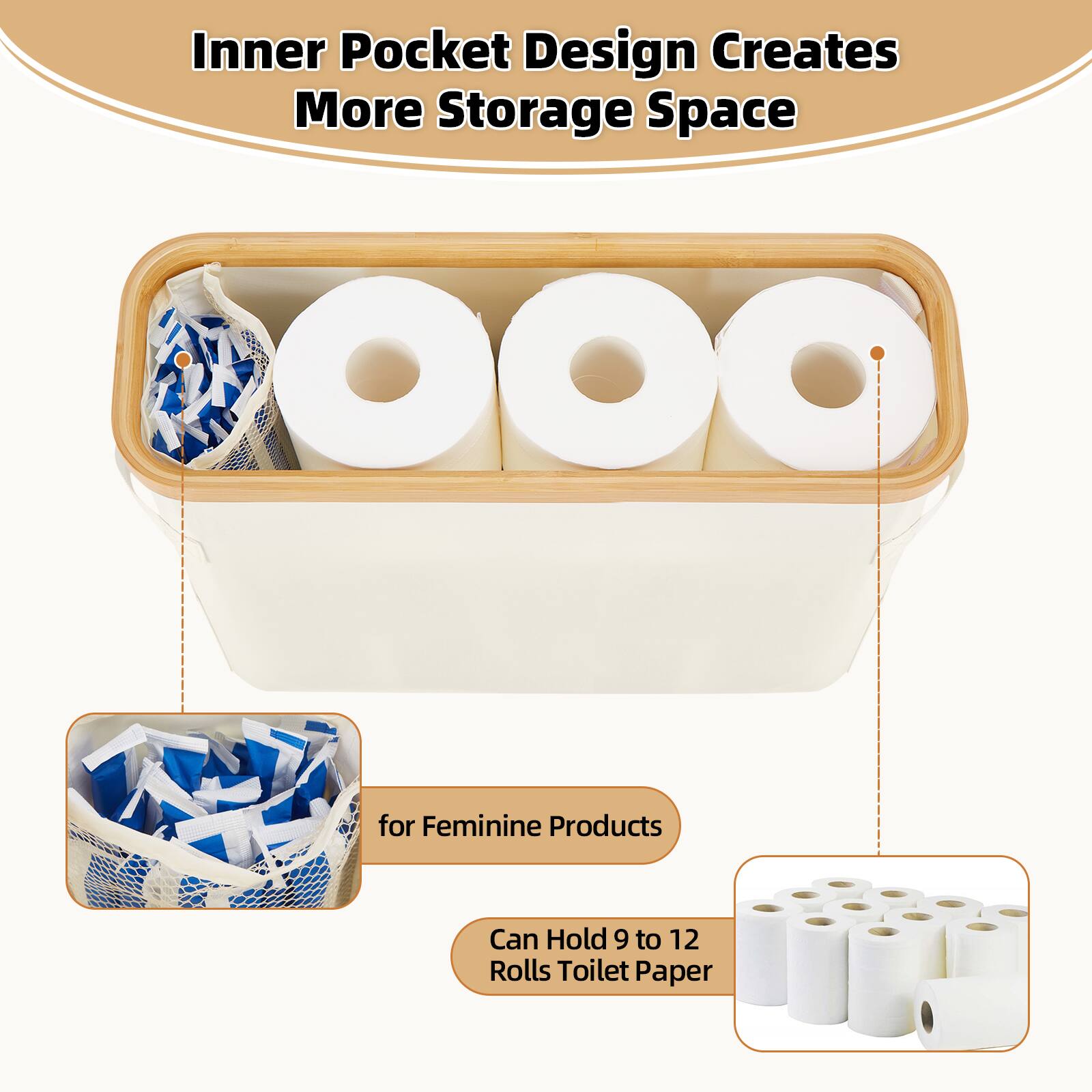 Inner Pocket Design Creates More Storage Space for Feminine Products Can Hold 9 to 12 Rolls Toilet Paper