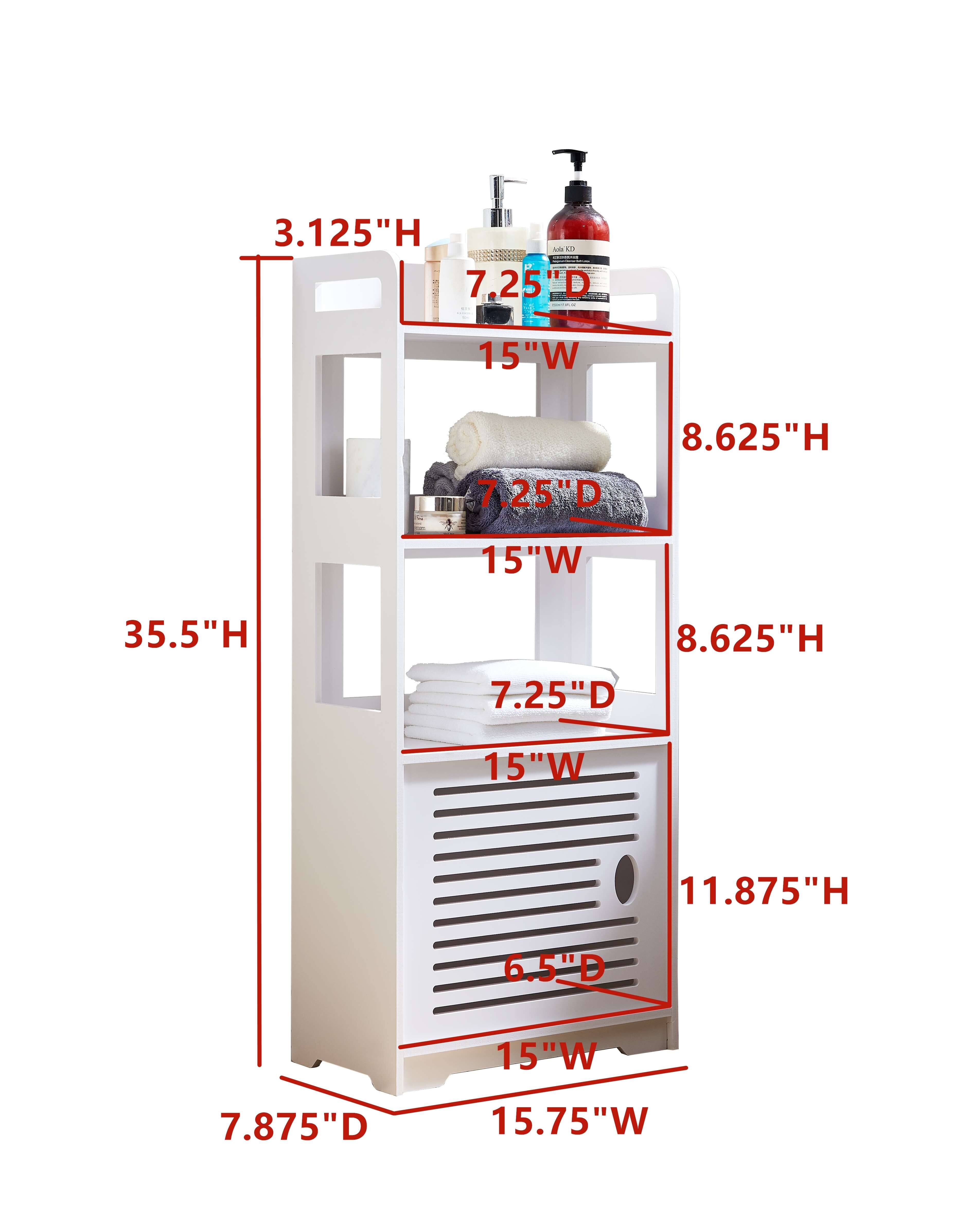 3.125"H  
7.25"D  
15"W  

8.625"H  
7.25"D  
15"W  

11.875"H  
6.5"D  
15"W  

35.5"H  
7.875"D  
15.75"W