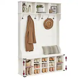 Songmics Home - Hall Tree with Bench and Shoe Storage, Coat Rack with Shoe Bench, Entryway Furniture, 16 Open Compartments, 6 Tri-Hooks - Rustic White