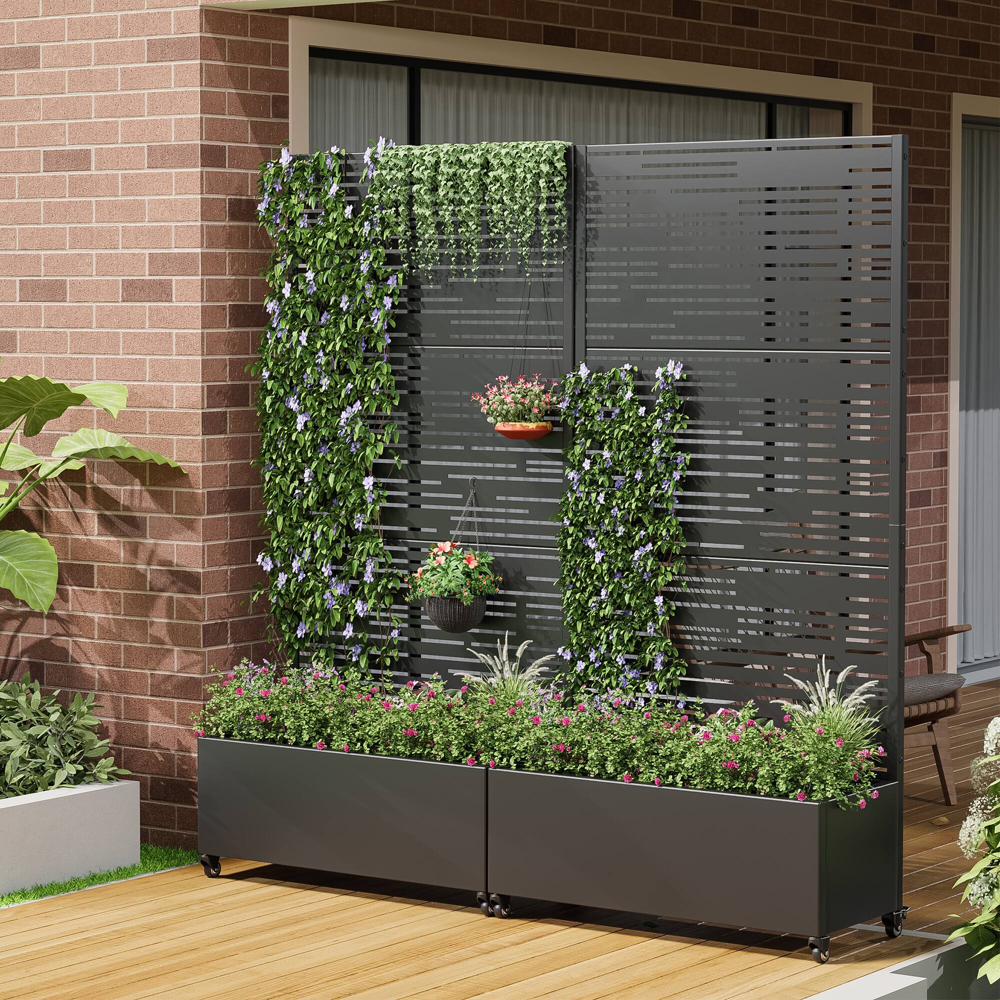 Alt View 2. PexFix - 72 in. H x 35 in. W Shine Pattern Rectangle Metal Planter Box Raised Garden Beds with Trellis-Ideal for Balcony - Black.
