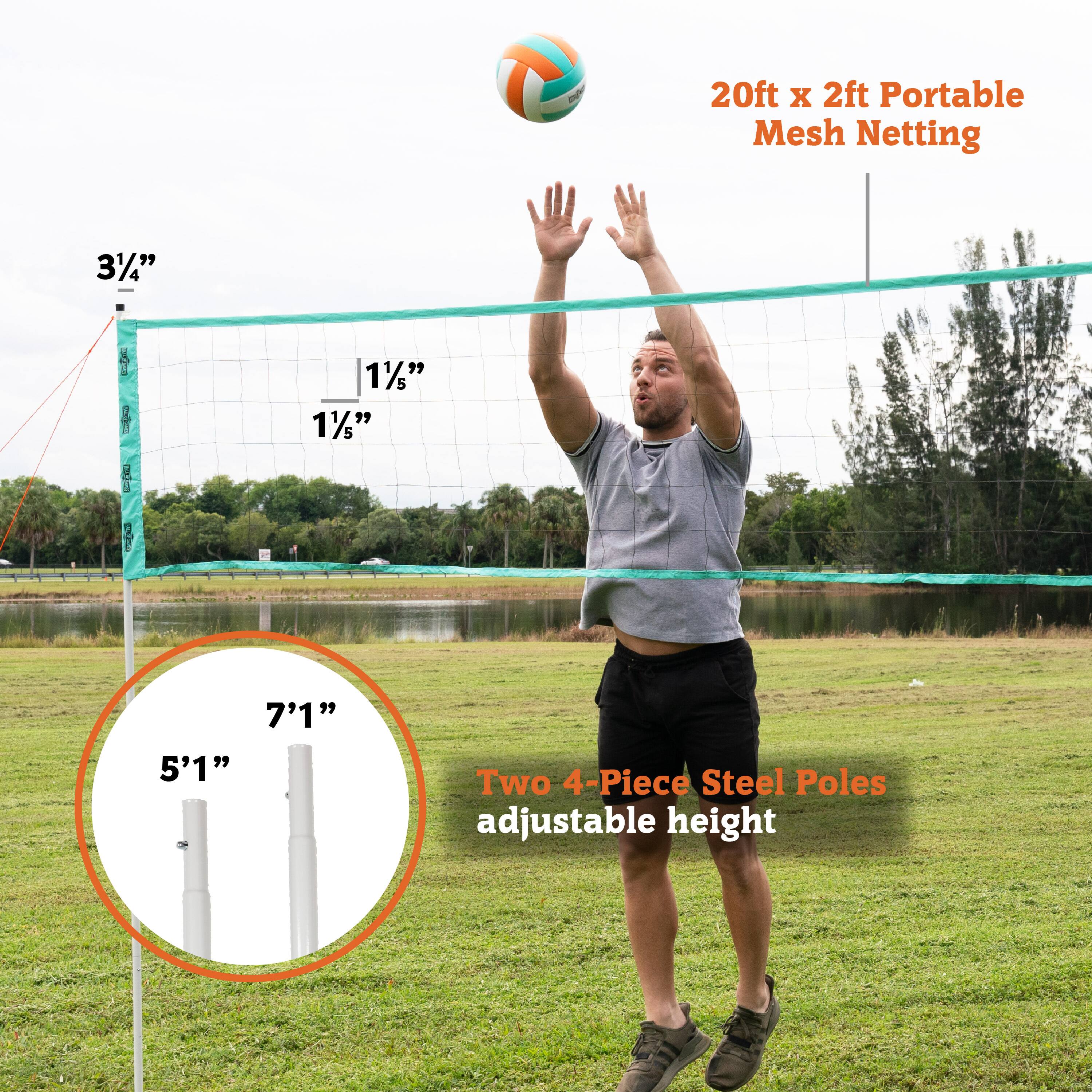 The text on the image reads: "20ft X 2ft Portable Mesh Netting 3%" "1%" "1%" "7'1" "5'1" Two 4-Piece Steel Poles adjustable height."