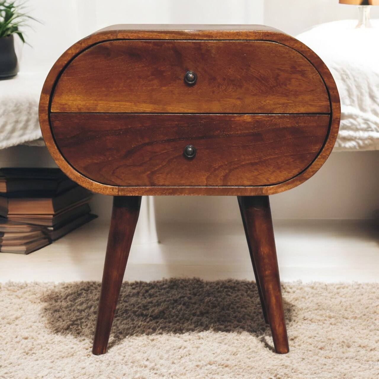 Angle. Artisan Furniture - Artisan Furniture Solid Wood Large Chestnut Circular Bedside, 2 Drawers, Dark Brown - Dark Brown.