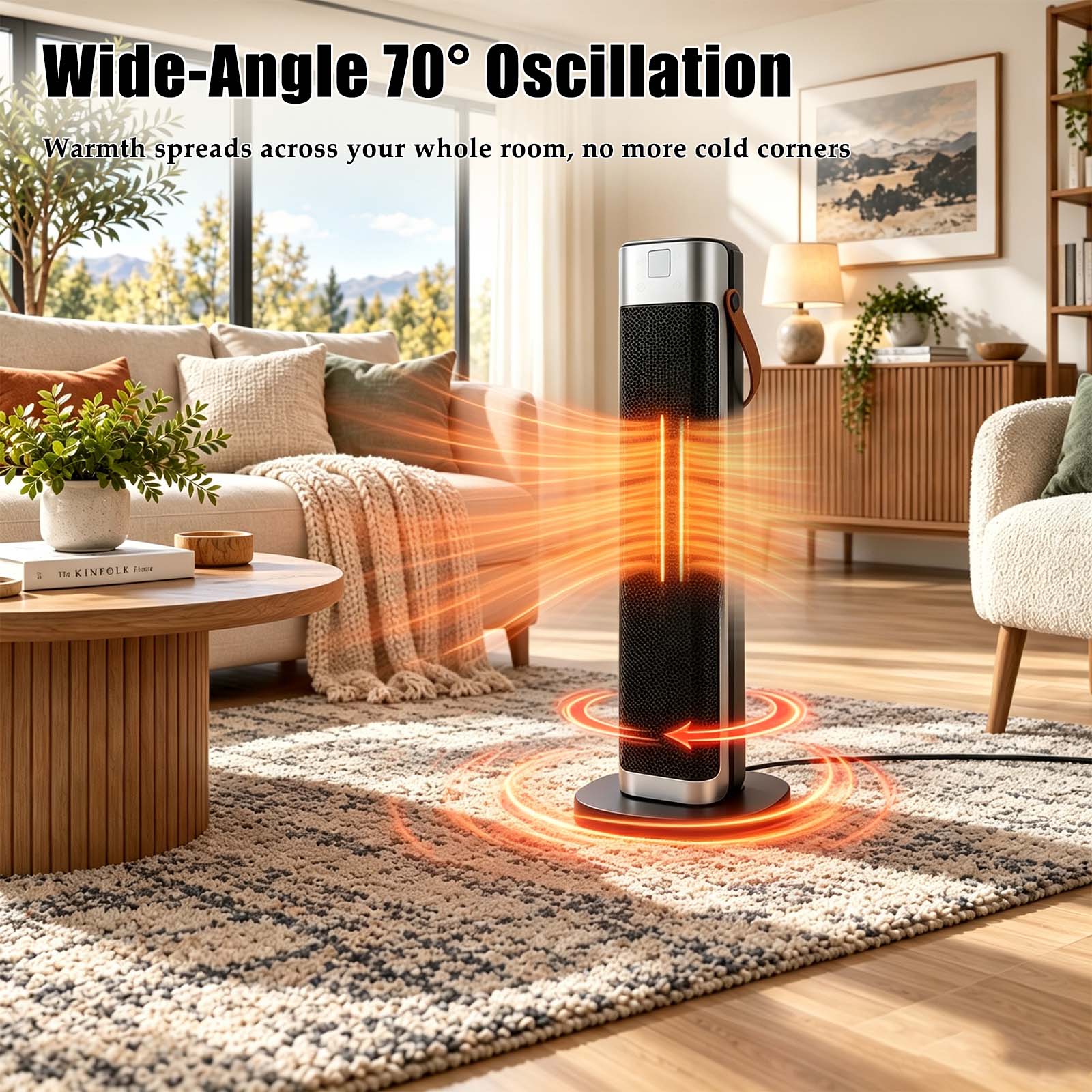Wide-Angle 70° Oscillation  
Warmth spreads across your whole room, no more cold corners