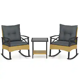 Boyel Living - 3 Pieces Outdoor Rattan Rocking Chairs Set with 2-Tier Side Table for Garden Backyard- 280-in W x 325-in D x - Gray