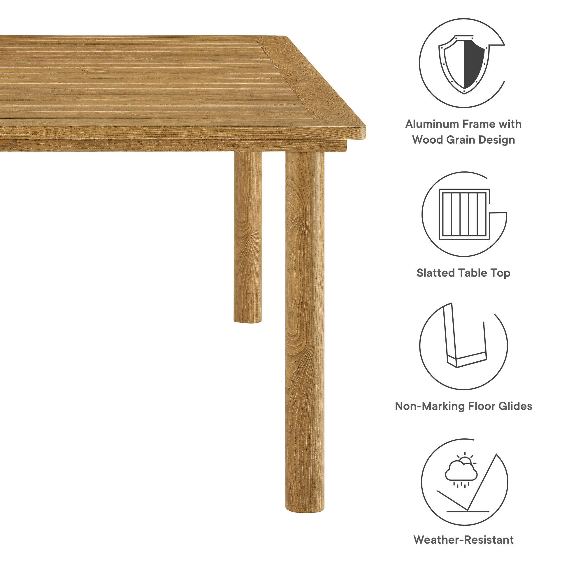 Aluminum Frame with Wood Grain Design  
Slatted Table Top  
Non-Marking Floor Glides  
Weather-Resistant