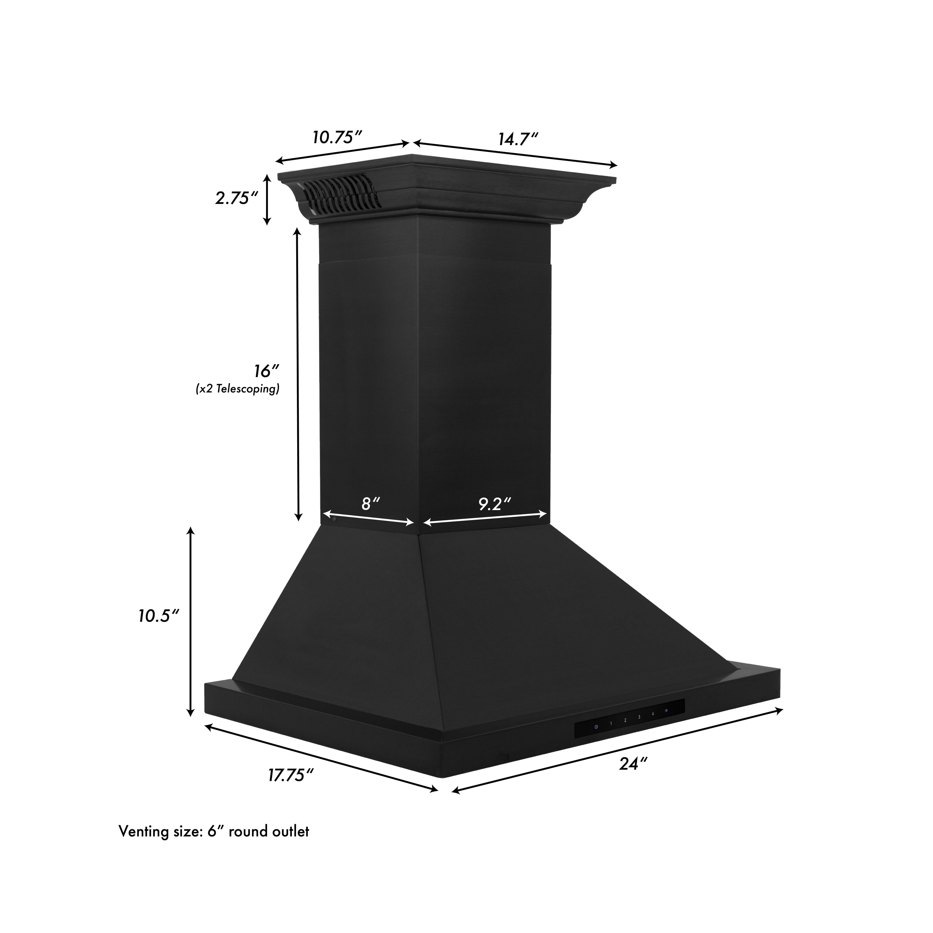 10.75" 14.7" 2.75" 16" (x2 Telescoping) 8" 9.2" 10.5" 17.75" 24"  
Venting size: 6" round outlet