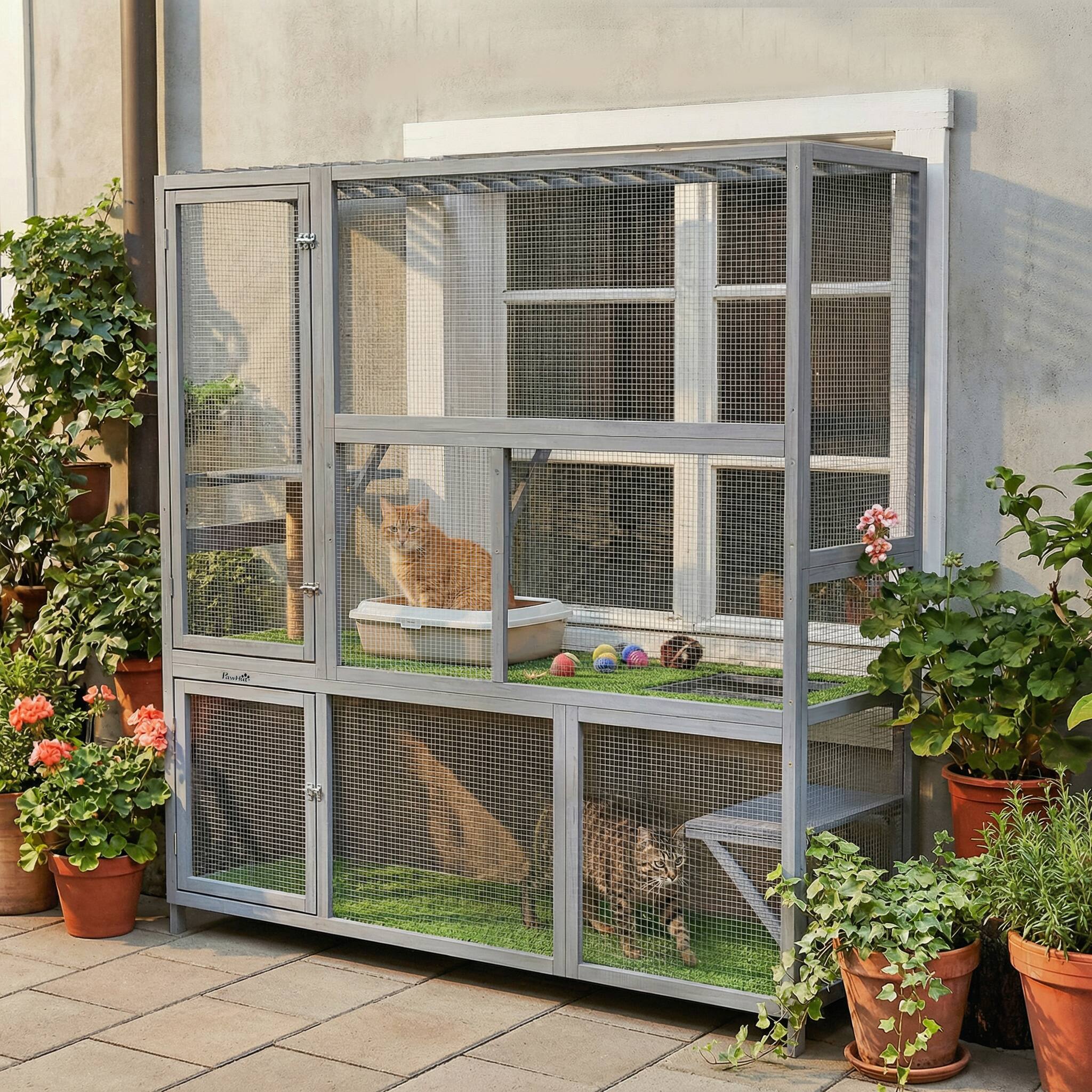 Alt View 1. Pawhut - Outdoor Cat Enclosure, 77" H Wooden Cat House with Weatherproof Roof - Light Gray.