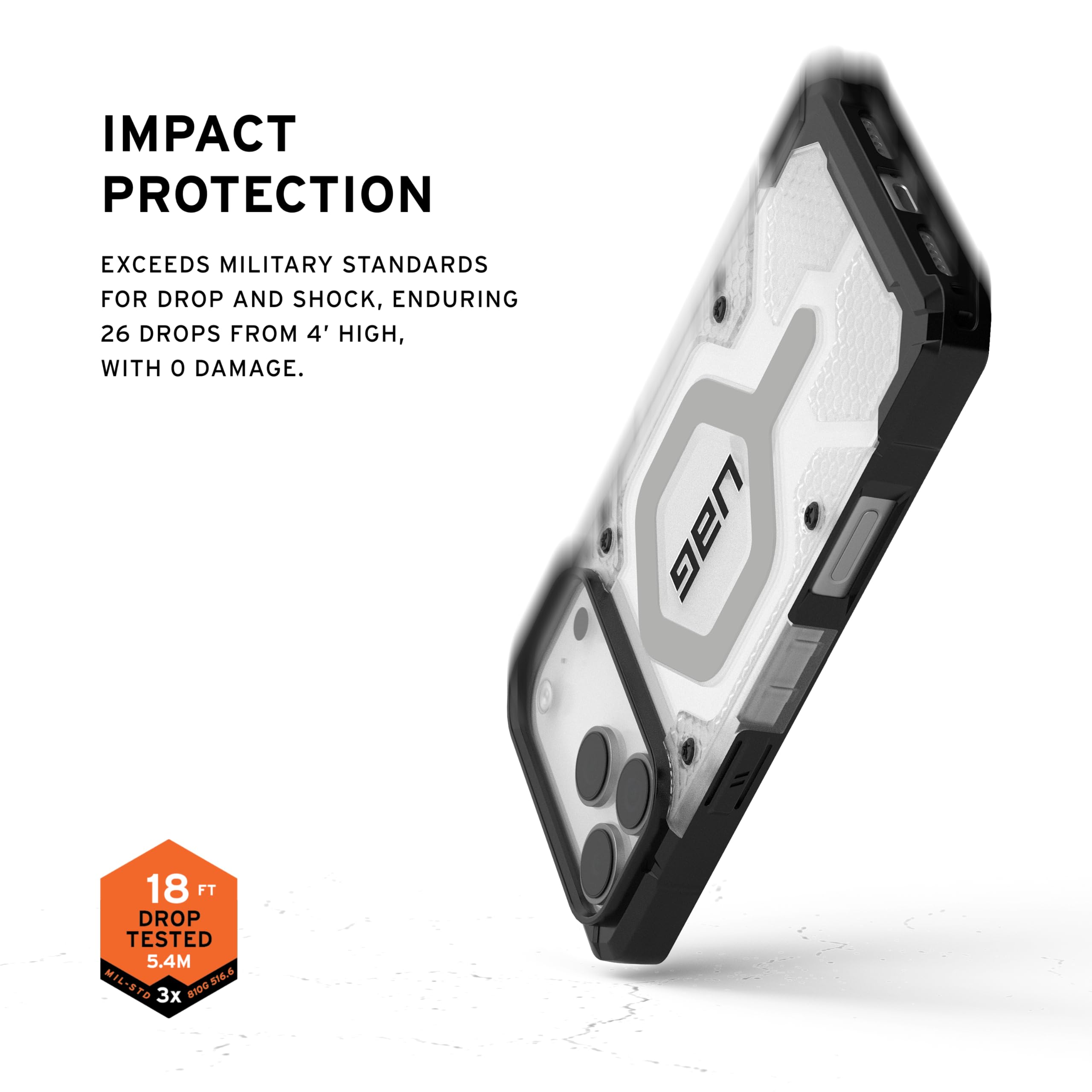 IMPACT PROTECTION

EXCEEDS MILITARY STANDARDS FOR DROP AND SHOCK, ENDURING 26 DROPS FROM 4' HIGH, WITH 0 DAMAGE.

UAG 18 FT DROP TESTED 5.4M MIL-STD 810.6 3x 81D