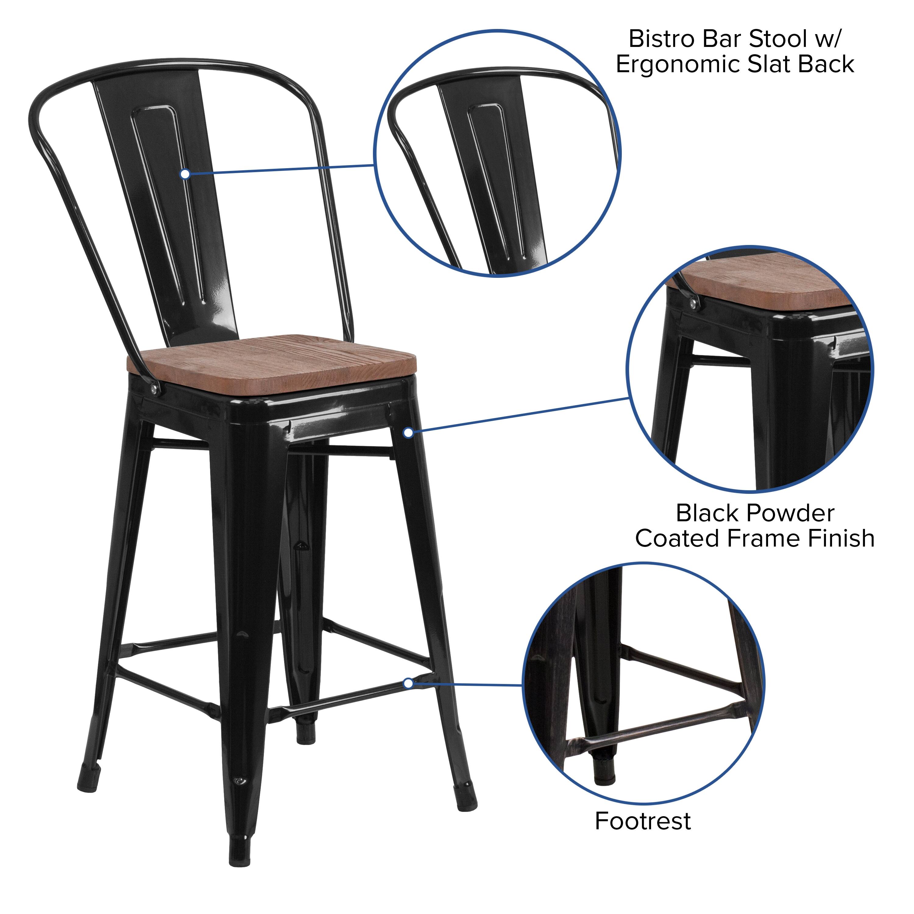Bistro Bar Stool w/ Ergonomic Slat Back  
Black Powder Coated Frame Finish  
Footrest