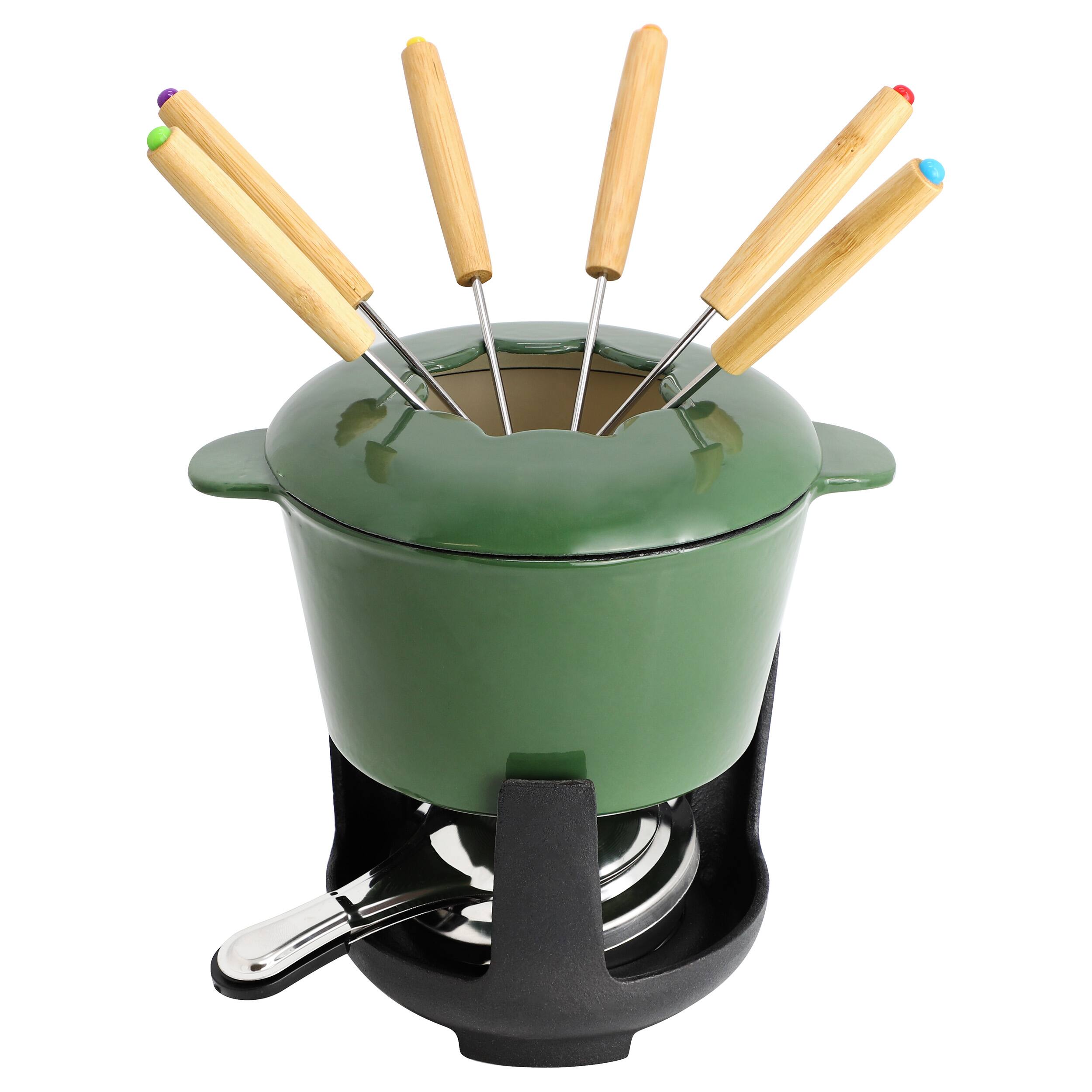 Alt View 1. MegaChef - MegaChef Enameled Cast Iron Fondue Pot with 6 Serving Forks in Green - Green.