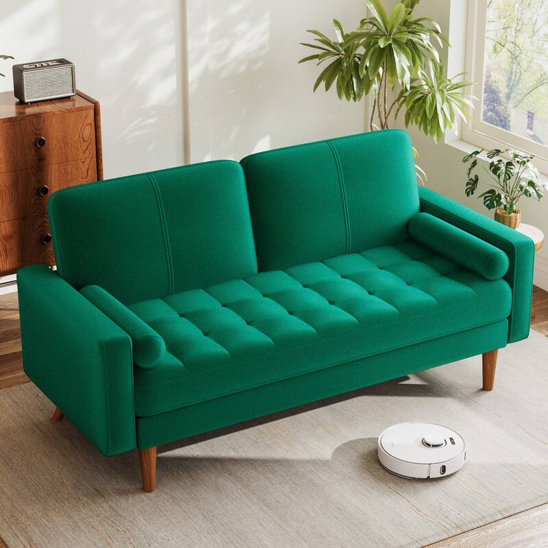 Back. Dyonery - Dyonery 56" Sofa, Velvet Loveseat Couch for Small Spaces, Mid Century Modern Sofa Couch with Solid Wood Legs, Green - Green.