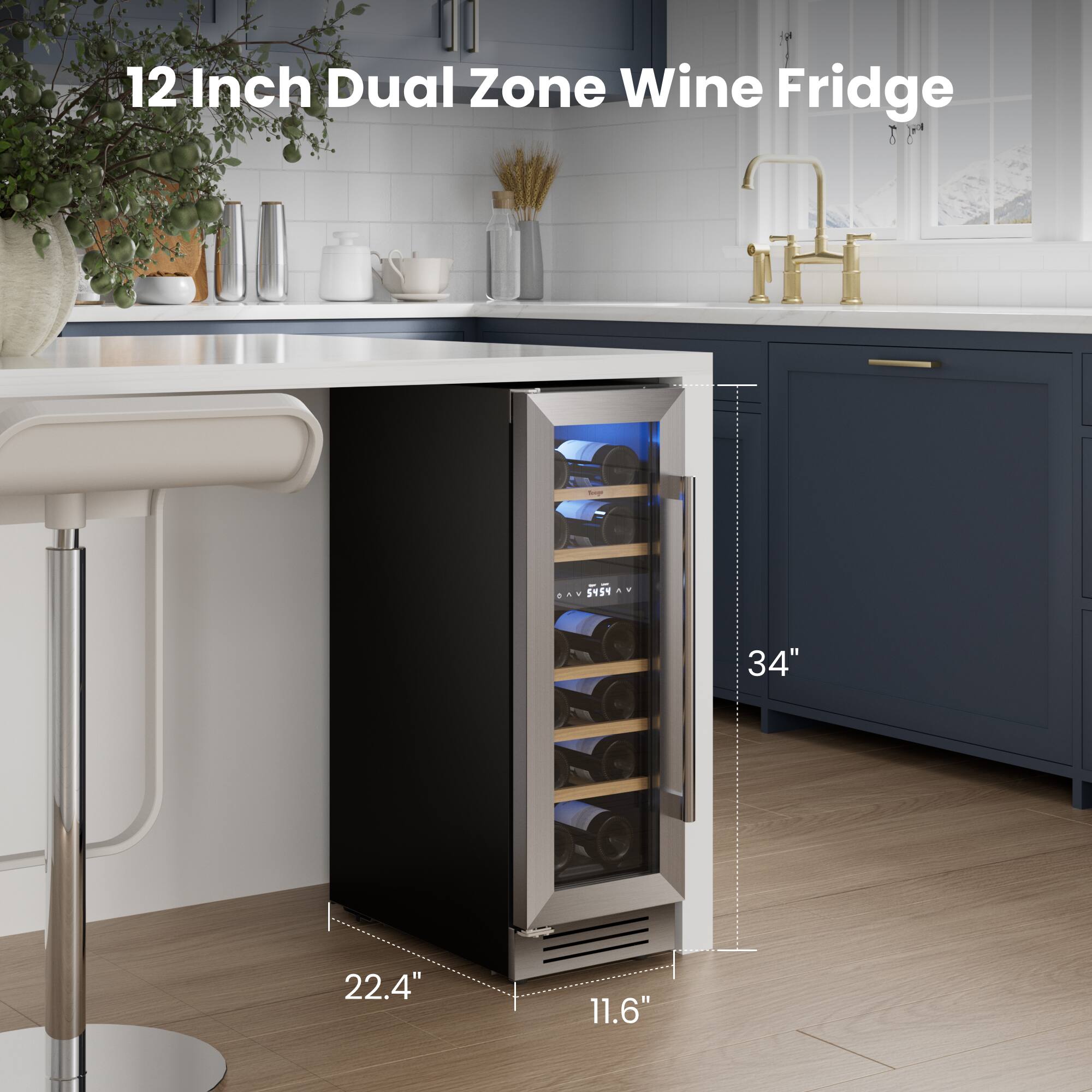 12 Inch Dual Zone Wine Fridge  
Dimensions: 34" x 22.4" x 11.6"