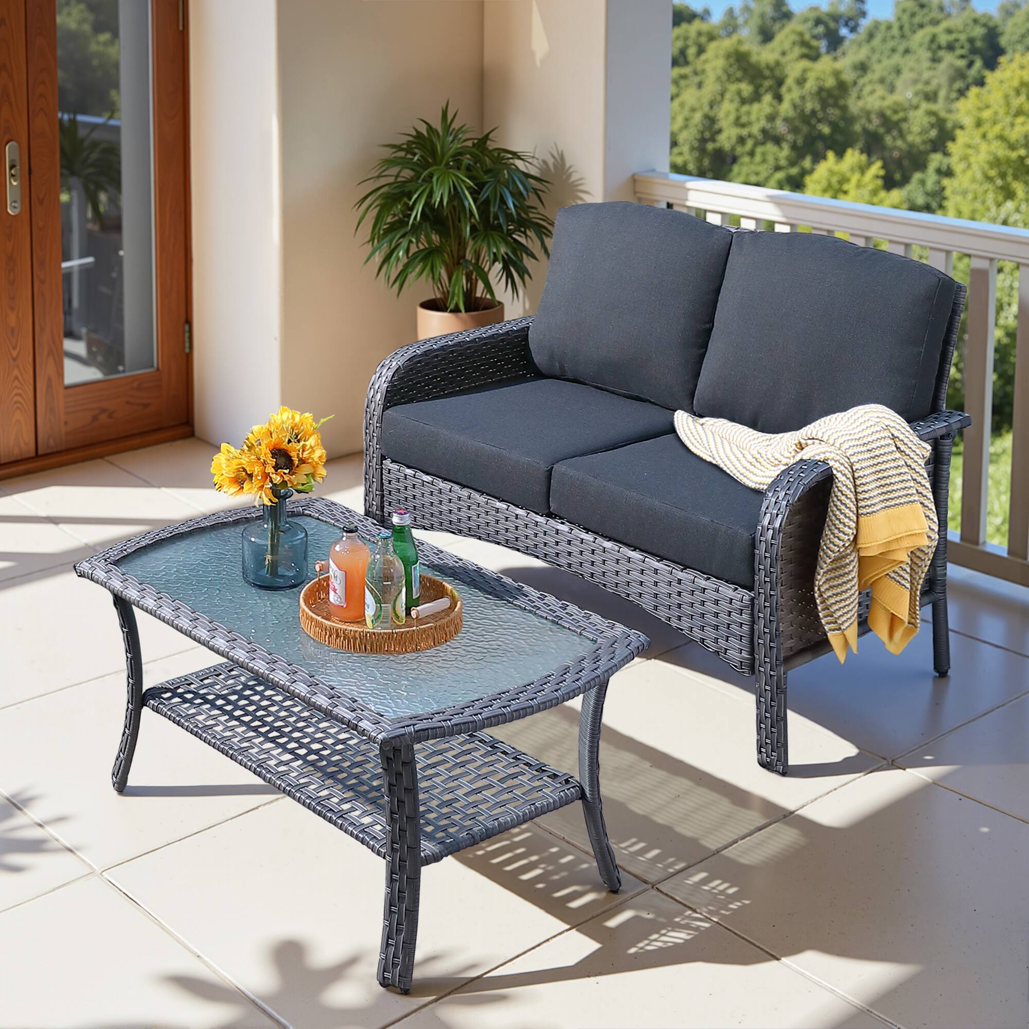 Ovios - 2 PCS Outdoor Patio Furniture High Back Sofa Wicker Loveseat with Table for Backyard Balcony - Black