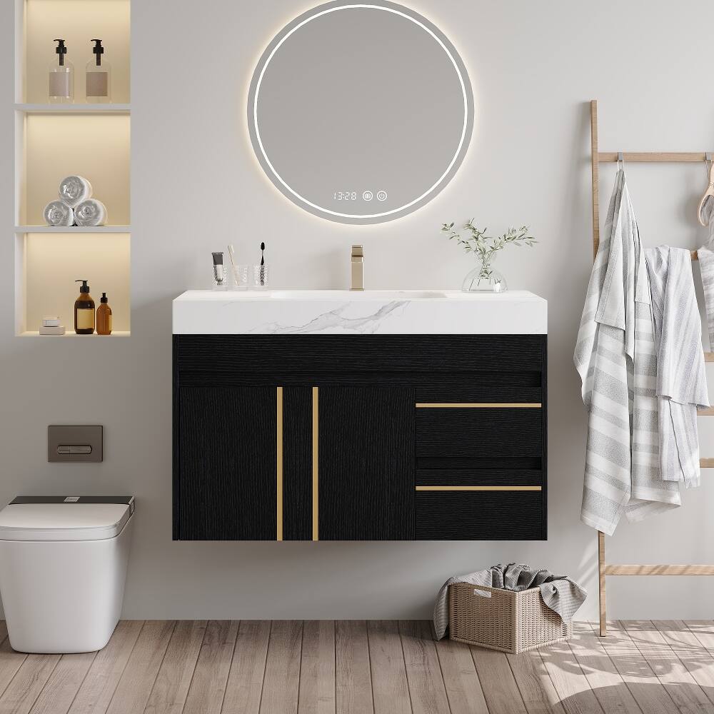 Front. Loheer - Loheer 36 inch floating bathroom vanity with ceramic sink and sintered stone top, black and white - Black, White.